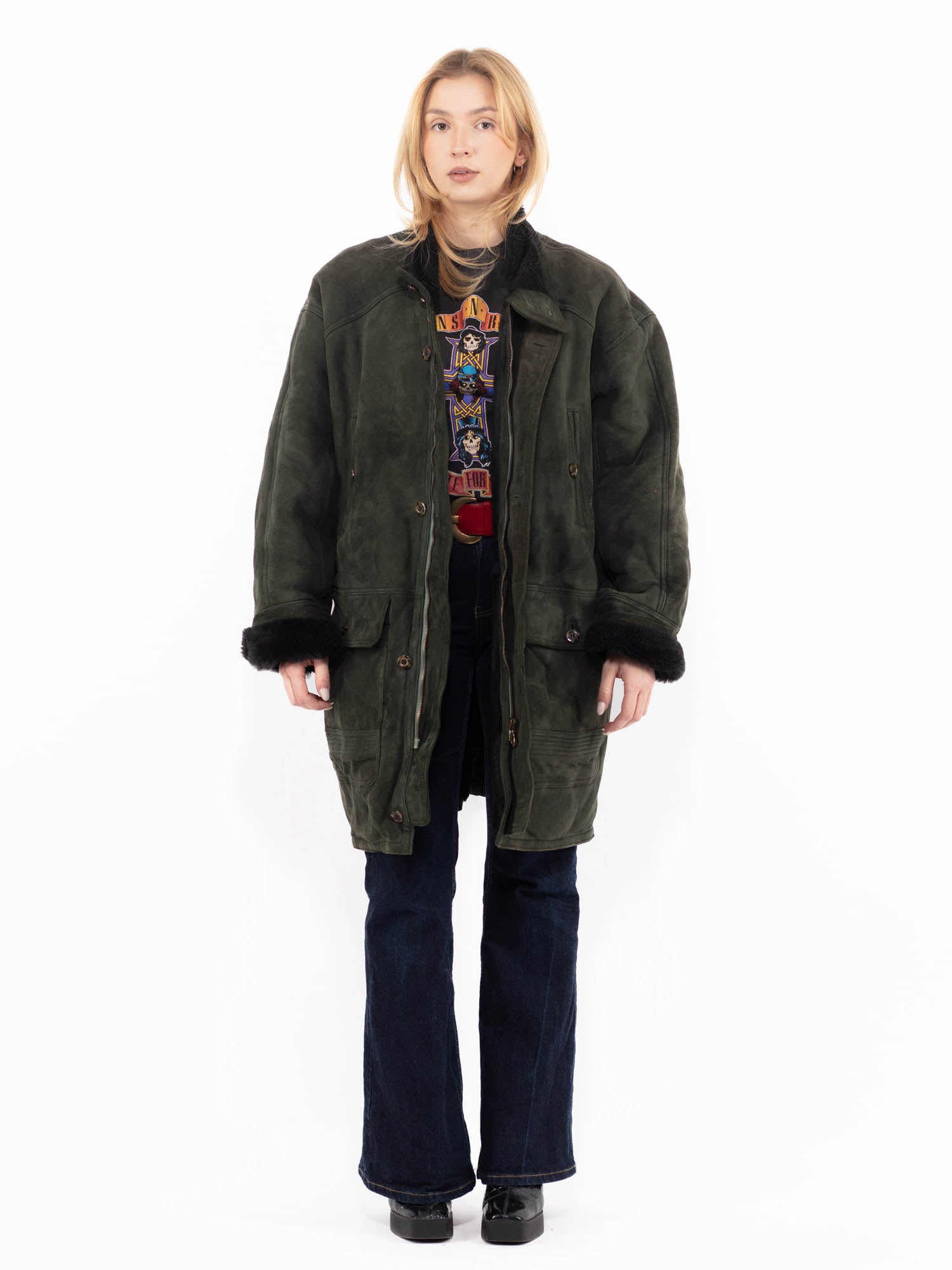 Vintage 90's Women Sheepskin Coat in Green by Northern Grip