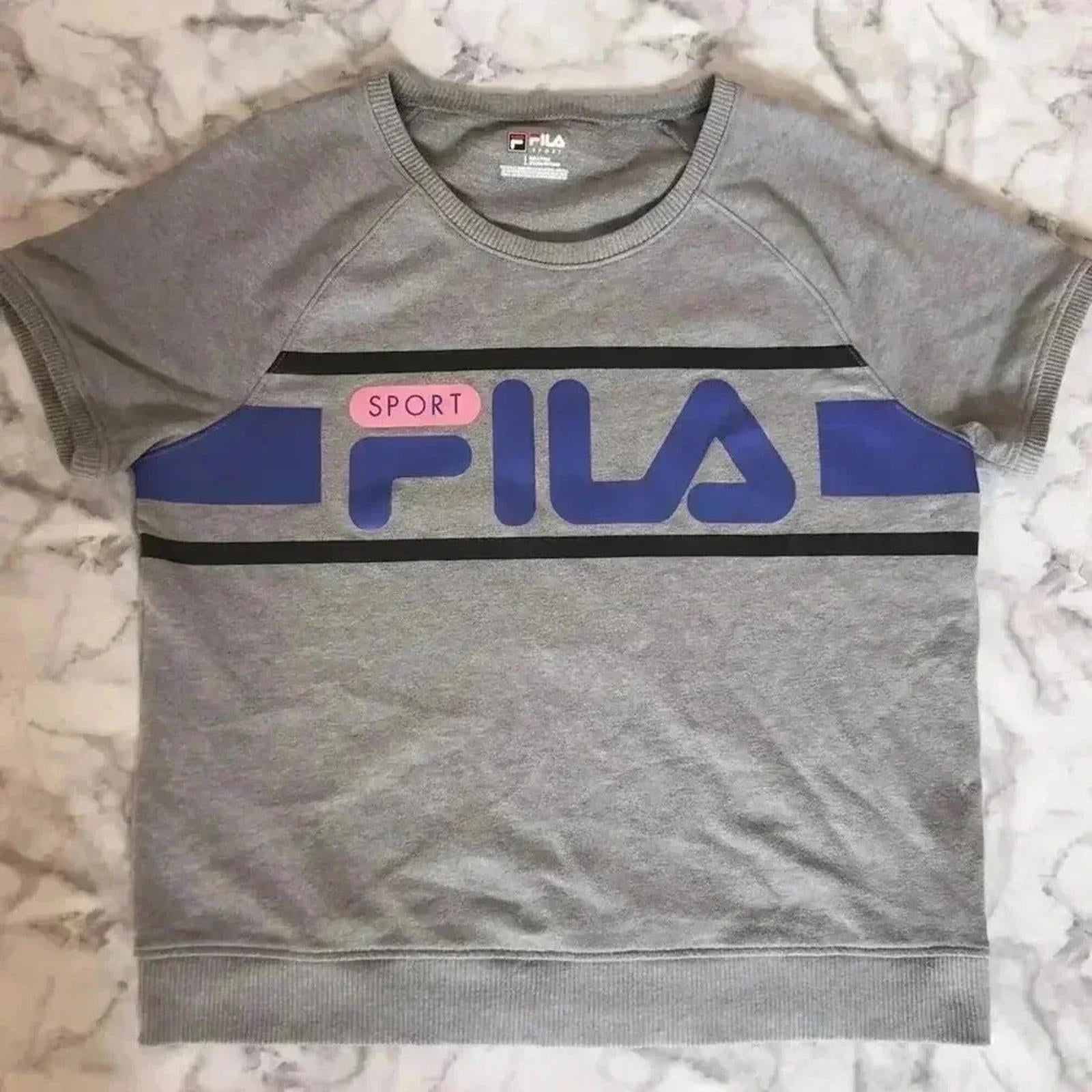 Fila Sport Grey Raglan Crewneck Terrycloth Tee Blue Pink Athleisure Si by Hot Girl Secondhand