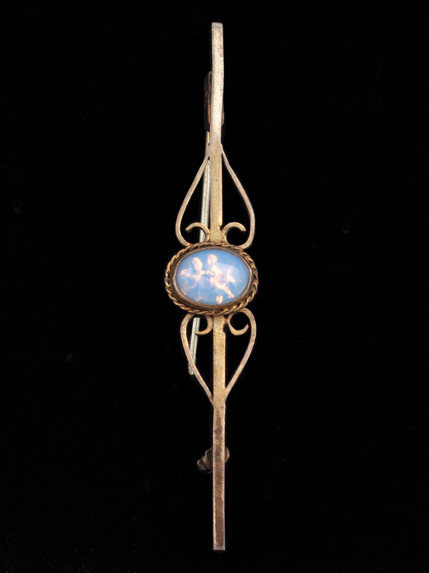 Edwardian Style Filigree Bar Brooch with Blue Glass Cabochon by Northern Grip