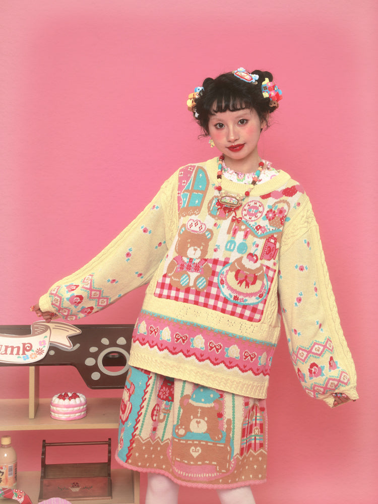 Lutra Jump Milk Yellow Bear Lace Sweater Vintage Knitted Pullover Sweater - Decora Fashion by Land Decora