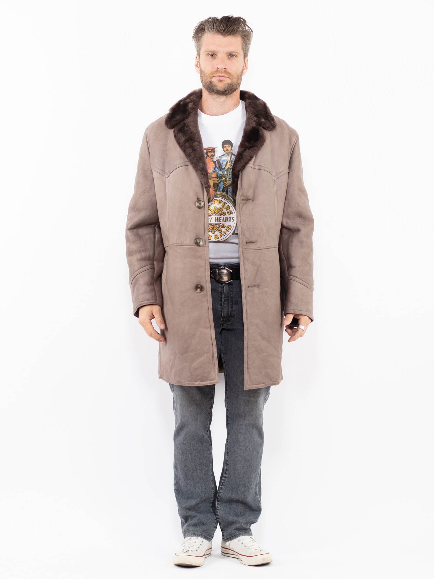 Vintage 70's Men Sheepskin Coat in Beige by Northern Grip
