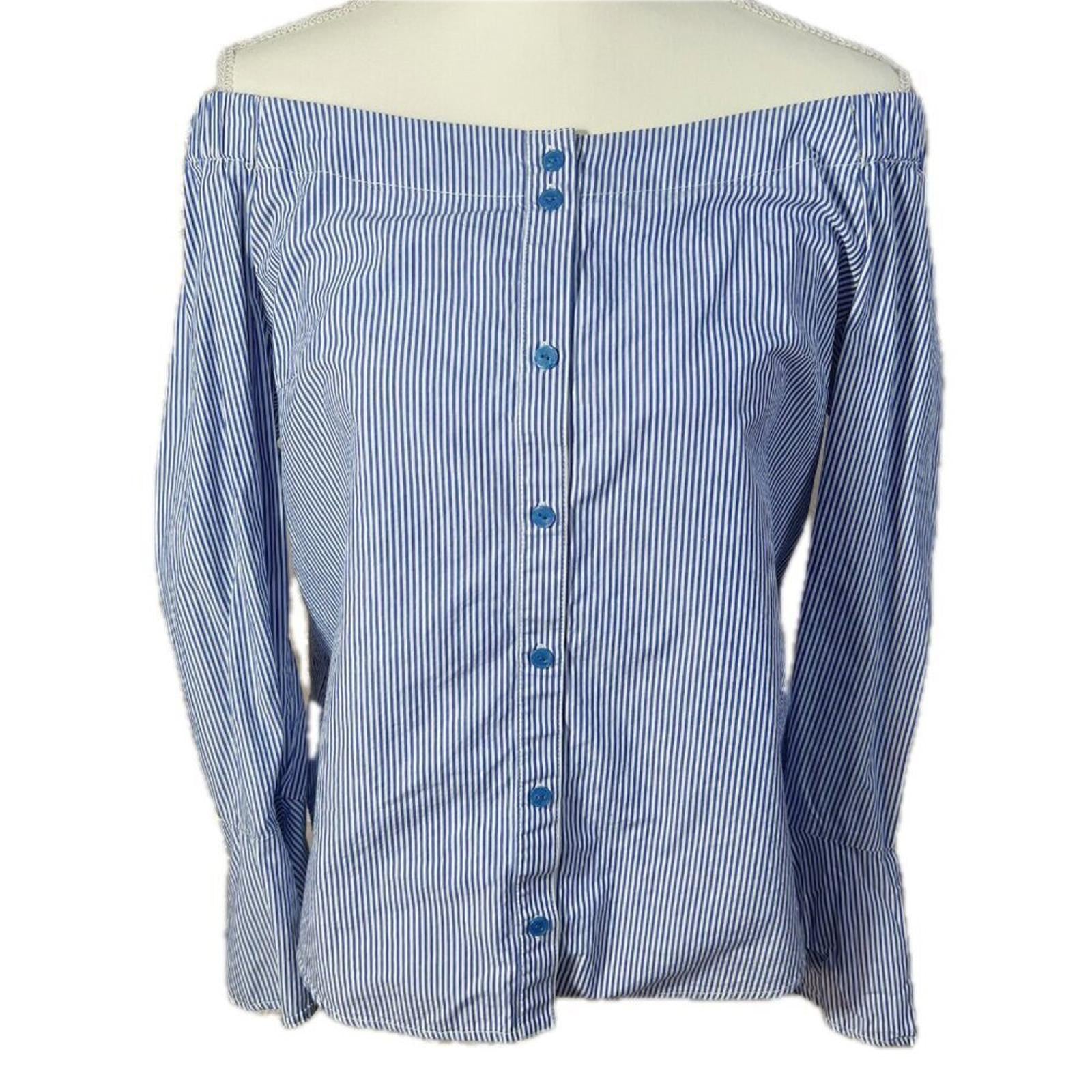 Sanctuary Blue and White Stripes Button Up Off Shoulder Blouse Women's by Hot Girl Secondhand