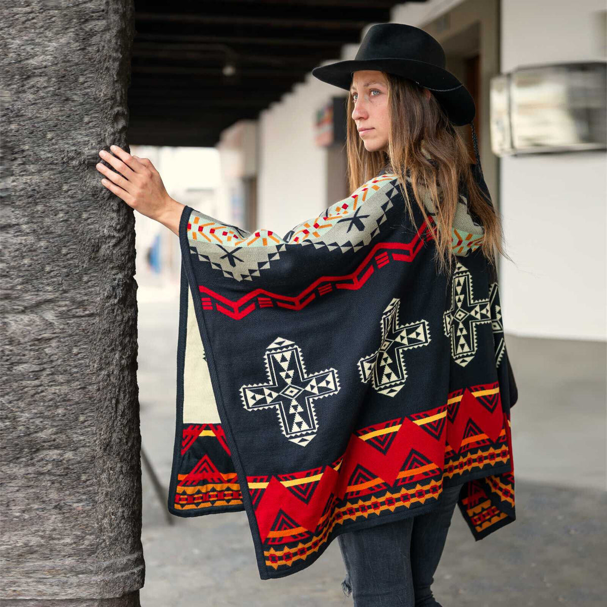 Sarayaku - Stylish Hooded Alpaca-Cotton Poncho with Aztec Geometric Accents by ECUALAMA