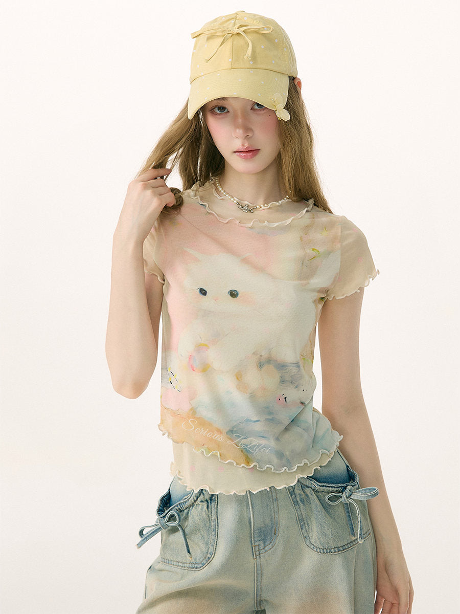 Cat Dream Mesh Ruffle Tee - ziziFei by Land Decora