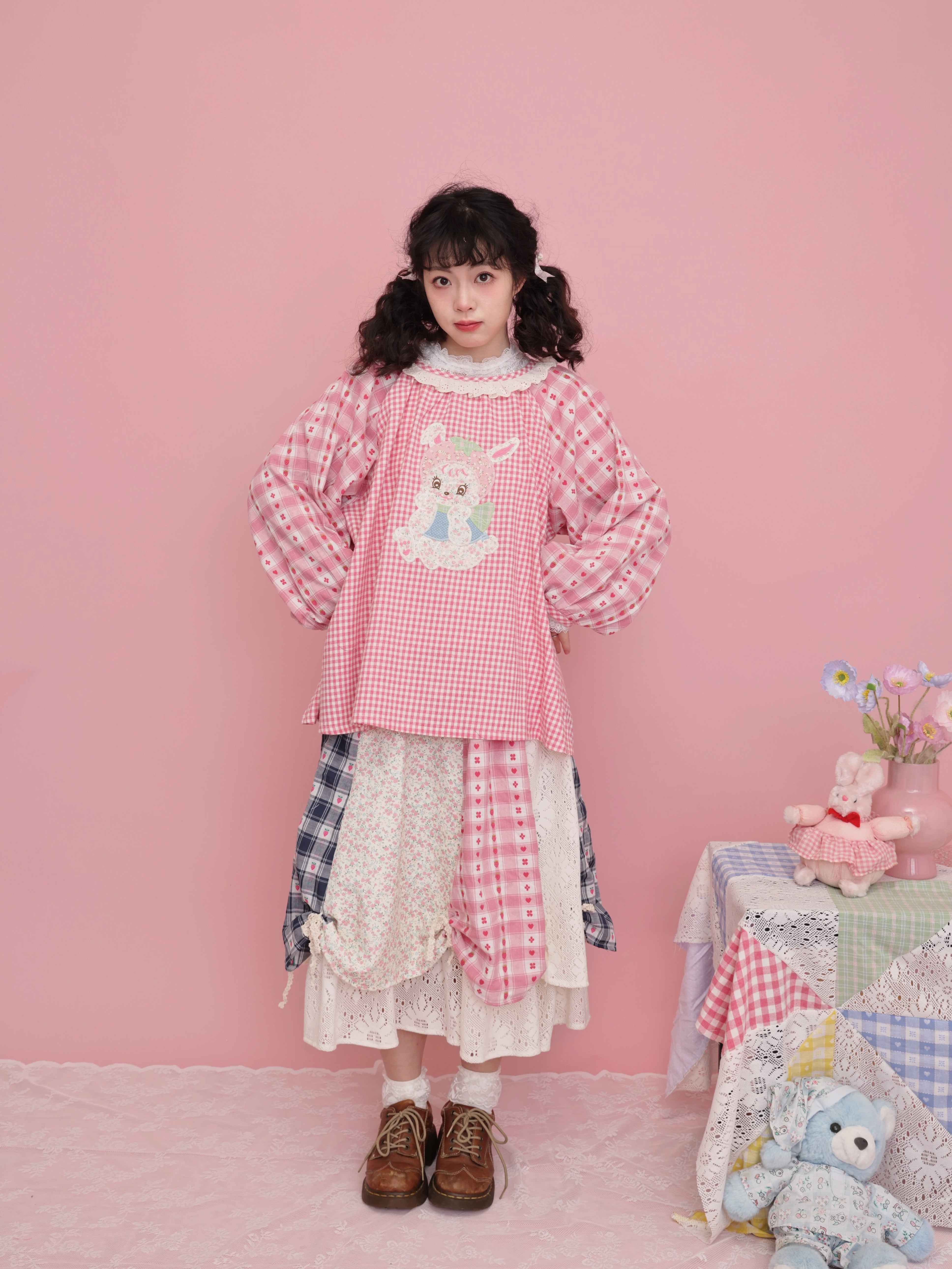 SemenCoicis Sweet Shirt Pink Plaid Blouse Strawberry Rabbit Shirt Lant by Land Decora