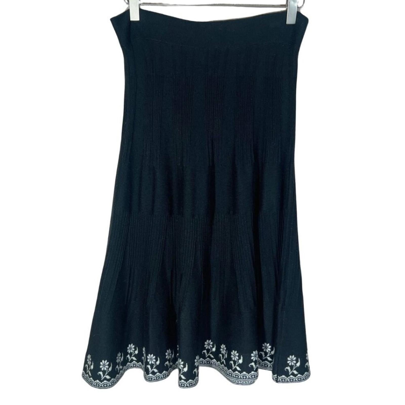 Anthropologie Lapis Black Knit Midi Skirt White Floral Boho Bohemian S by Hot Girl Secondhand