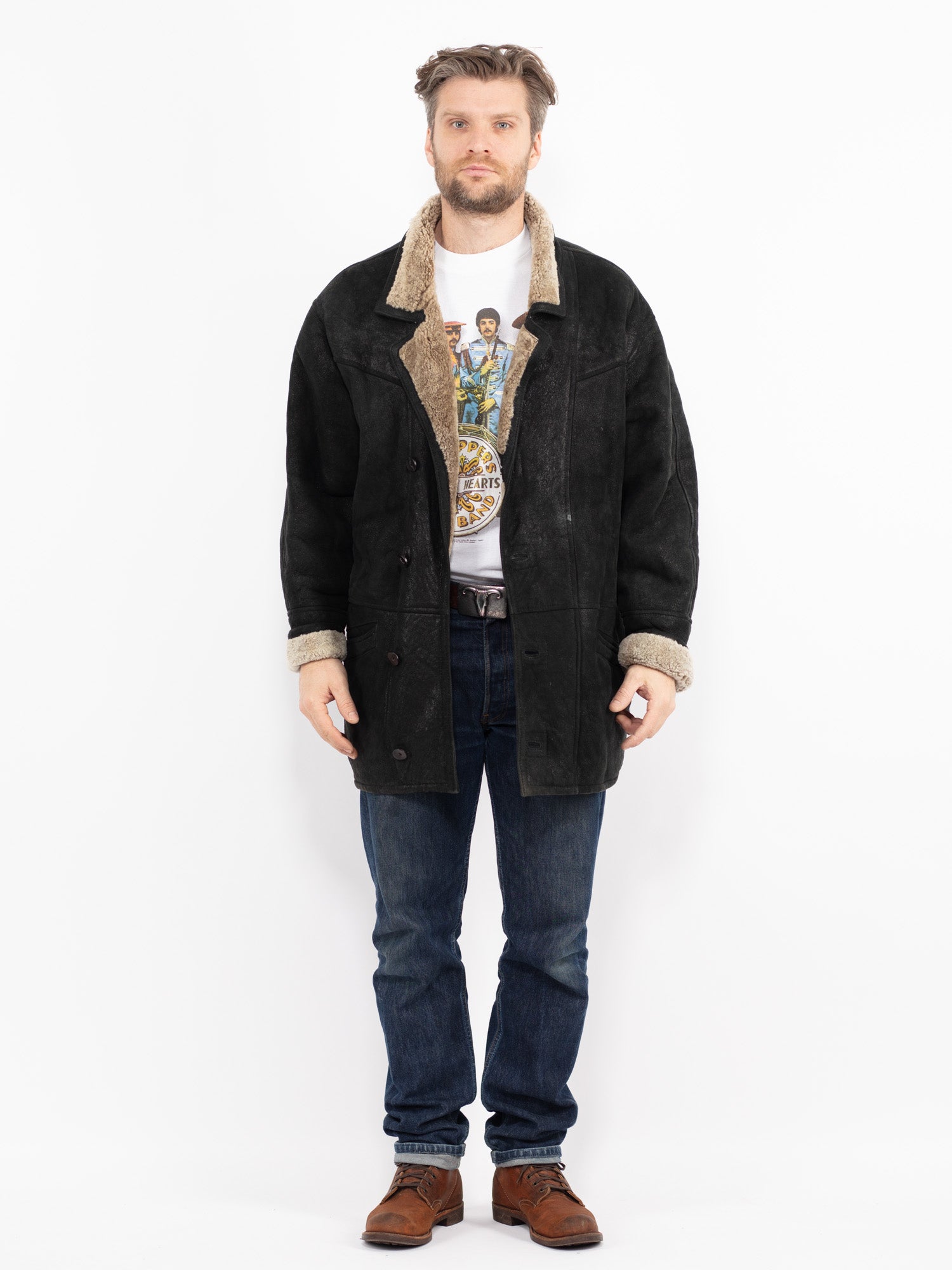 Vintage 90's Men Sheepskin Coat in Black by Northern Grip