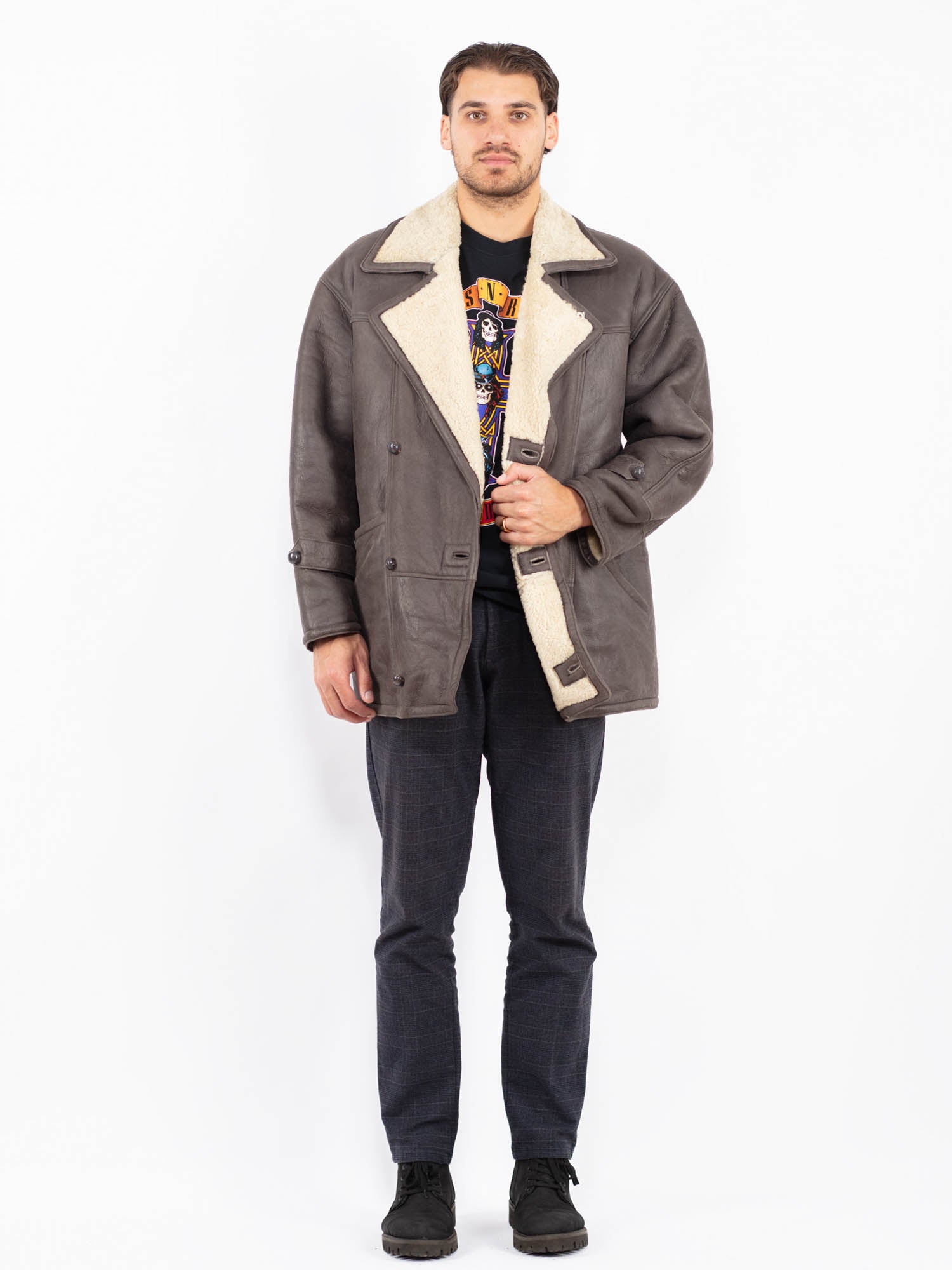Vintage 80's Men Sheepskin Coat in Brown by Northern Grip
