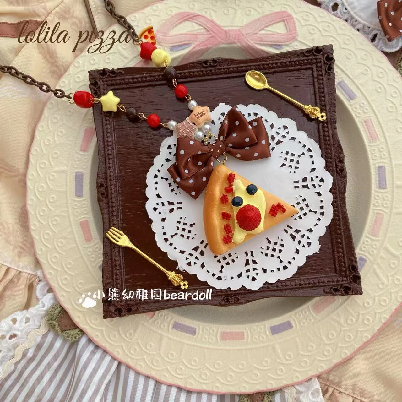 Kawaii Pizza Necklace - Bear Doll by Land Decora