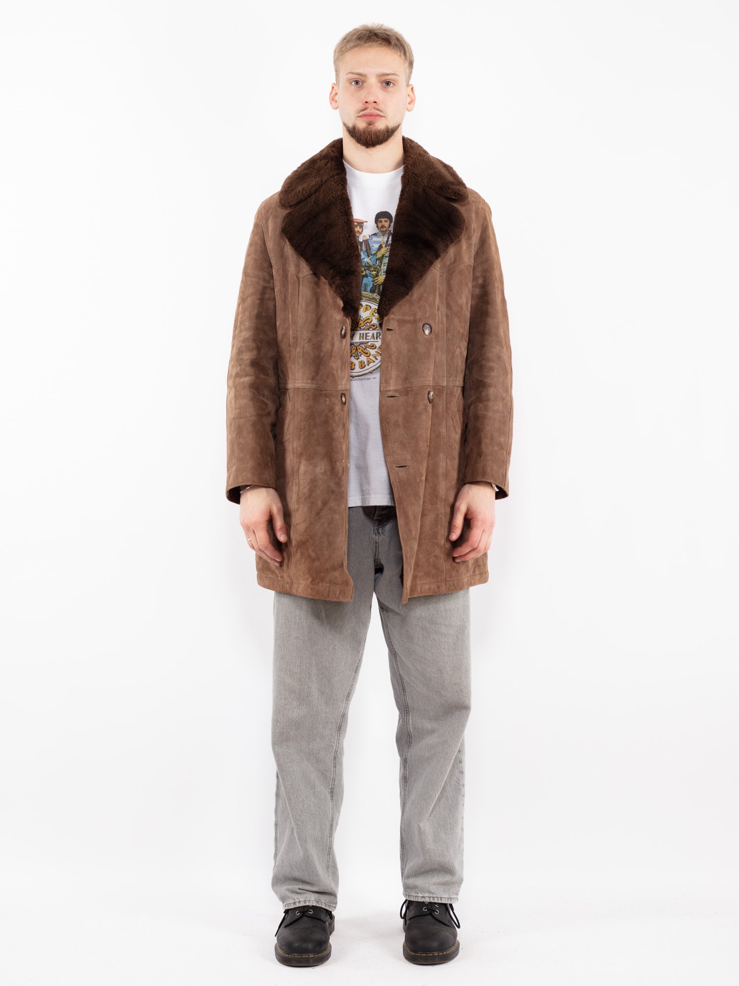 Vintage 70's Men Suede Sherpa Coat in Light Brown by Northern Grip