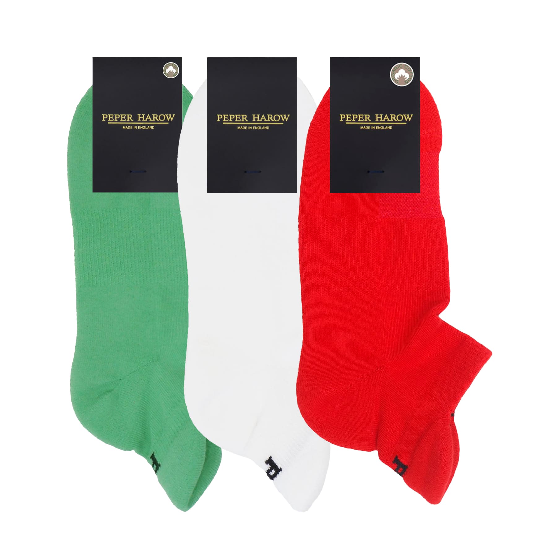 Men’s Organic Trainer Sports Sock 3 pack – Green, Red and White by Peper Harow
