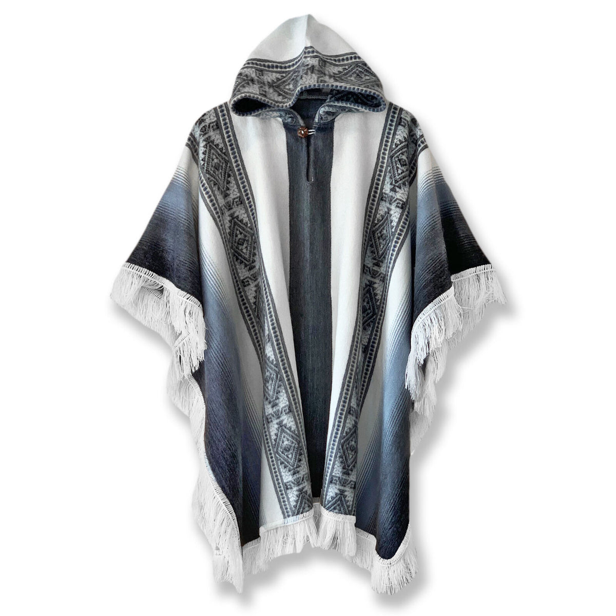 Lightweight Baby Alpaca Wool Unisex Fringed Hooded Poncho Pullover - White/Smoke Gray by ECUALAMA
