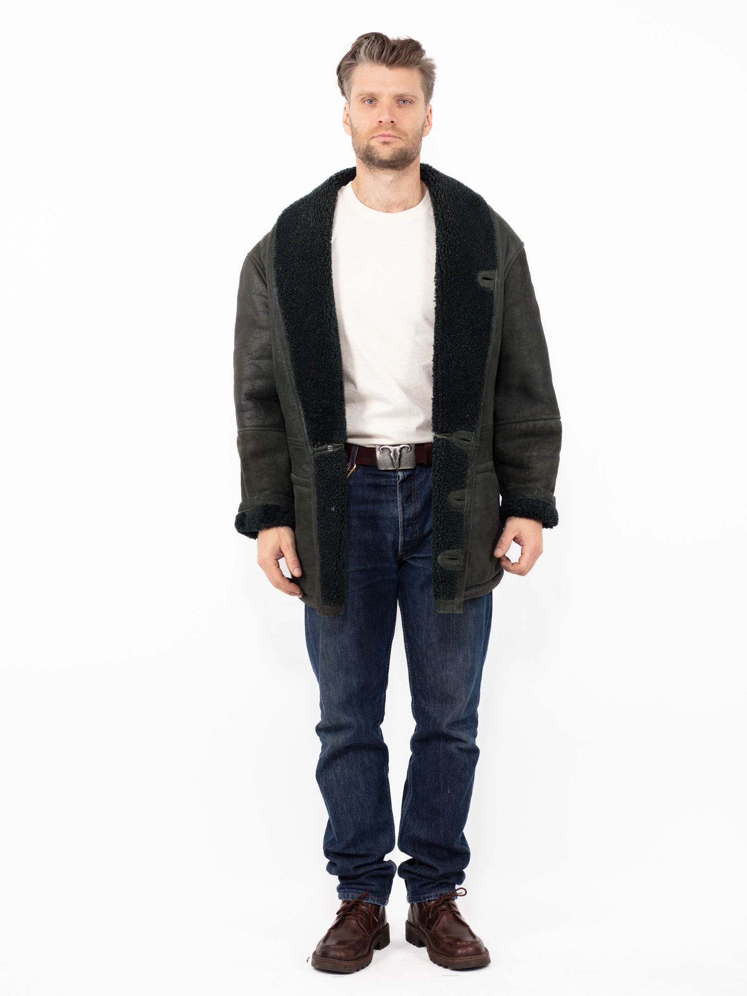 Vintage 80's Men Sheepskin Coat in Dark Green by Northern Grip