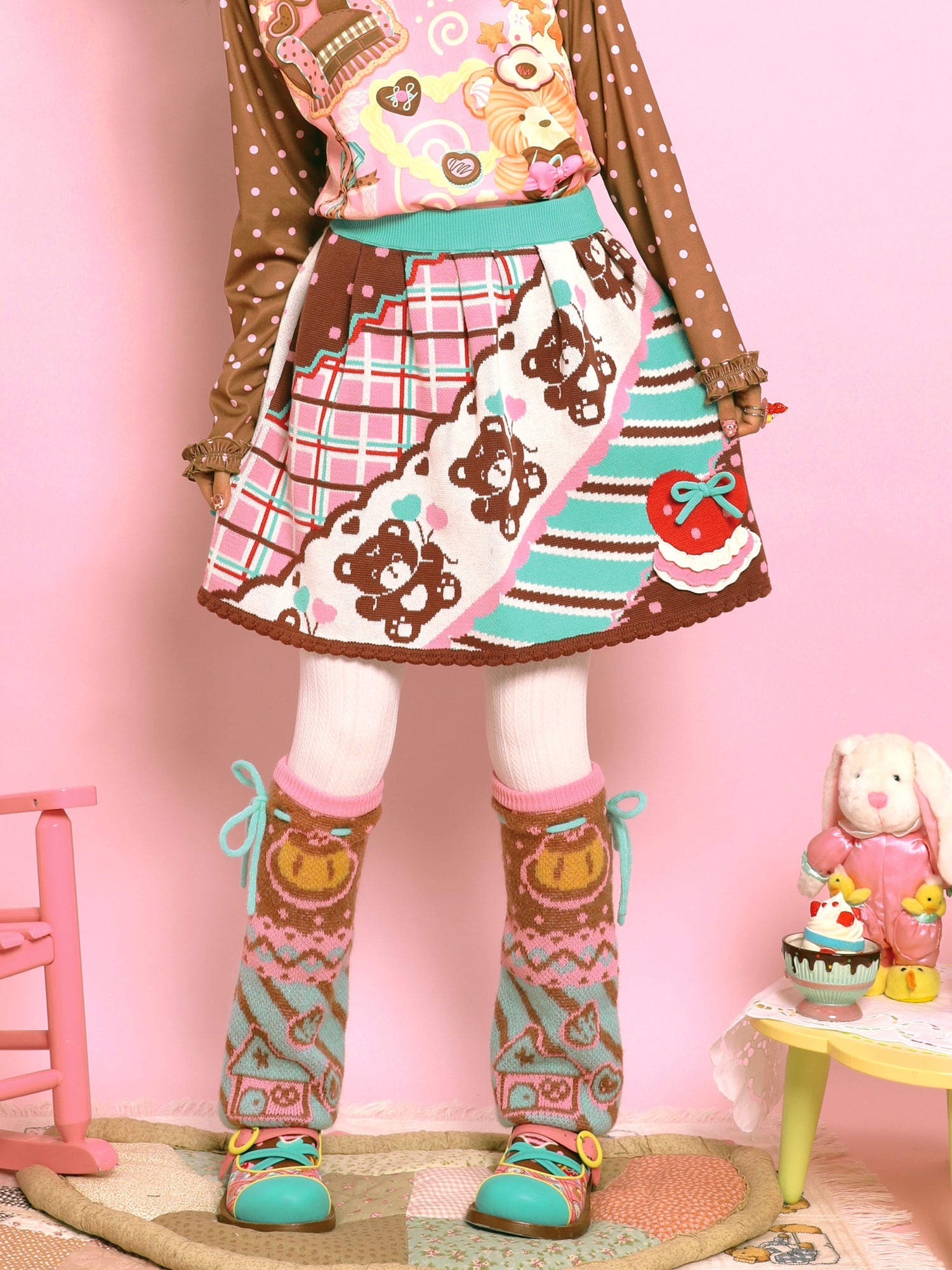 Kawaii Bear Stripe Knit Elastic Waist Skirt - Lutra Jump by Land Decora