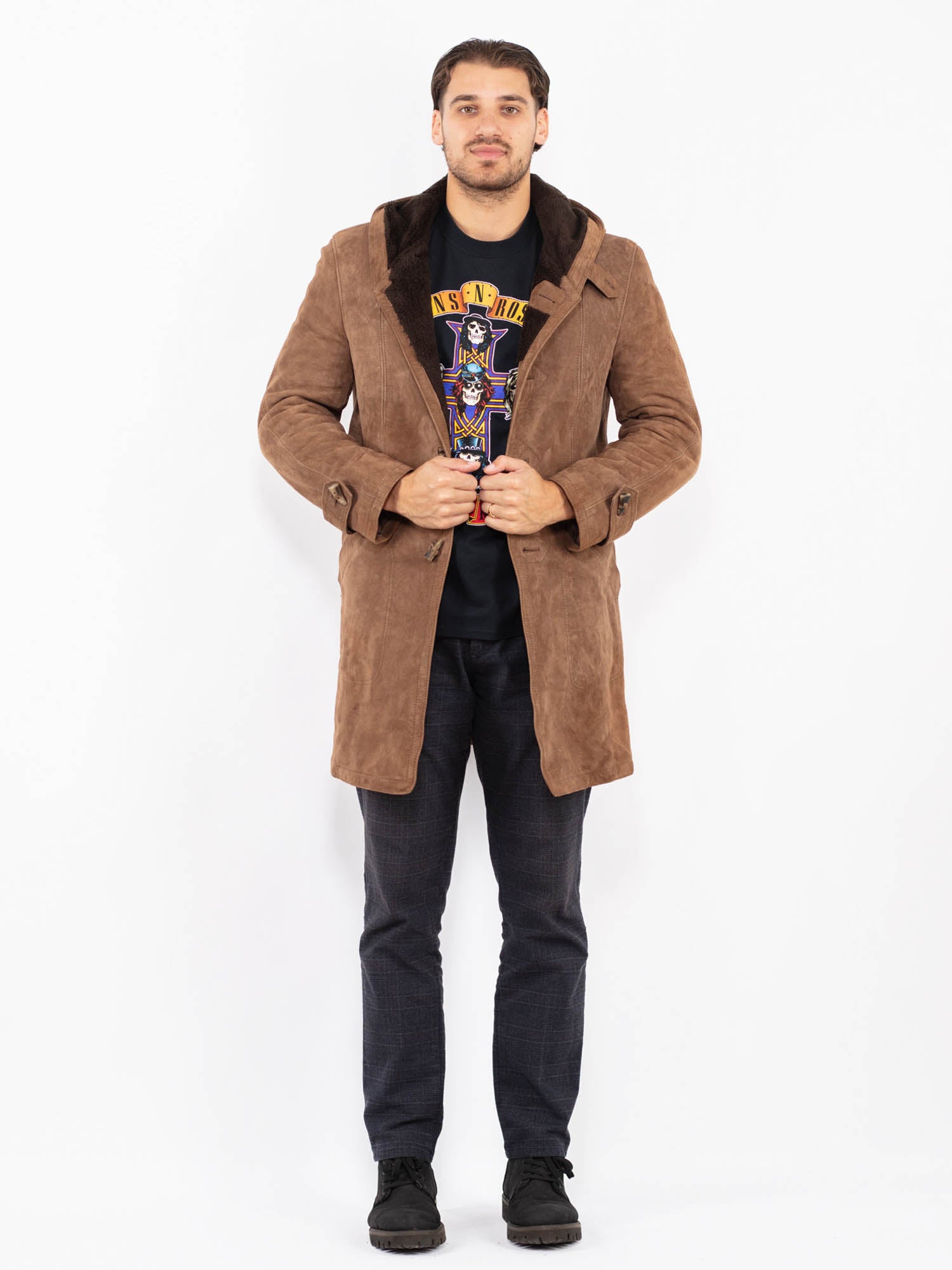 Vintage 70's Men Hooded Suede Sherpa Coat in Brown by Northern Grip
