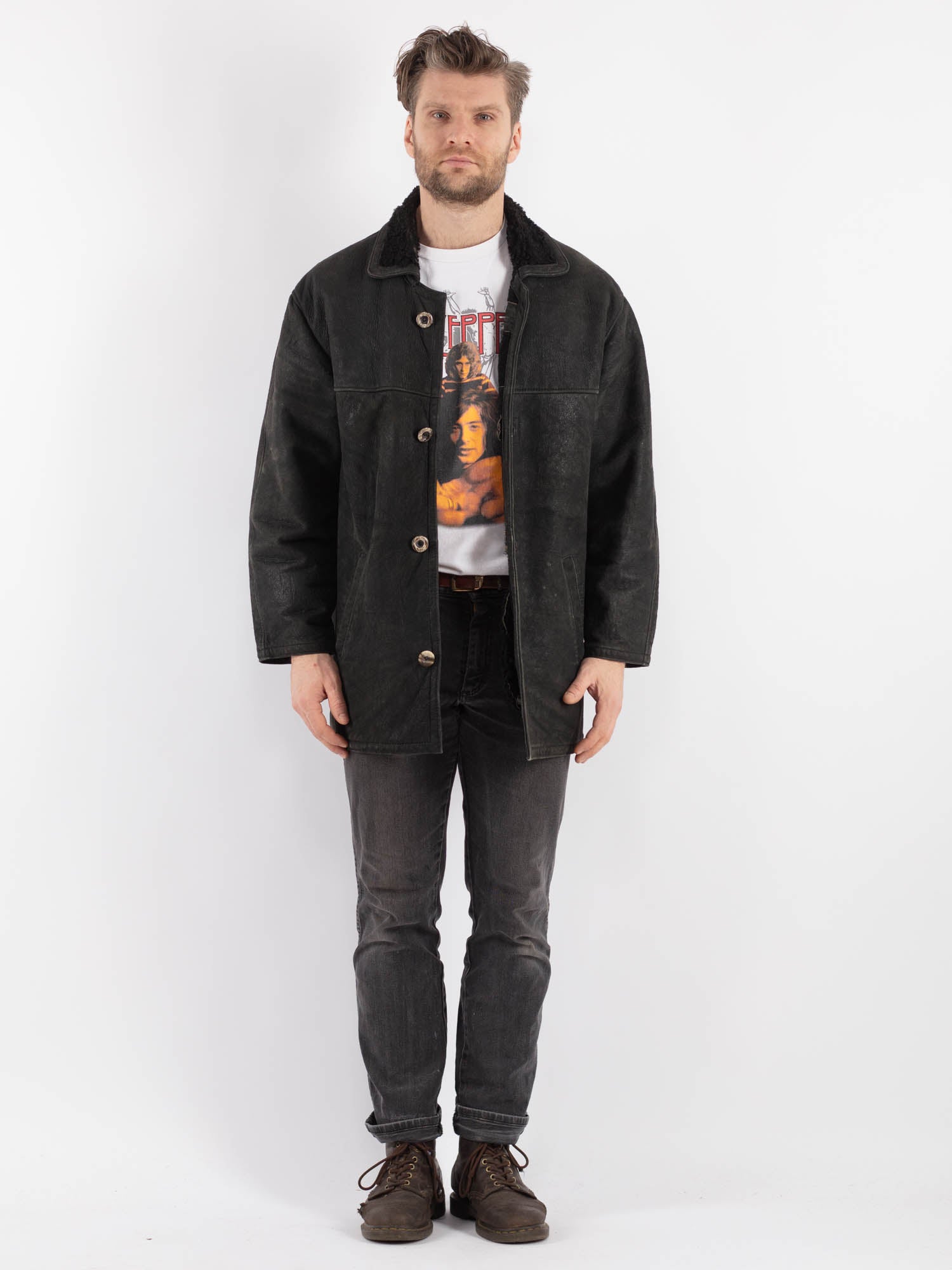 Vintage 90's Men Sheepskin Coat in Black by Northern Grip