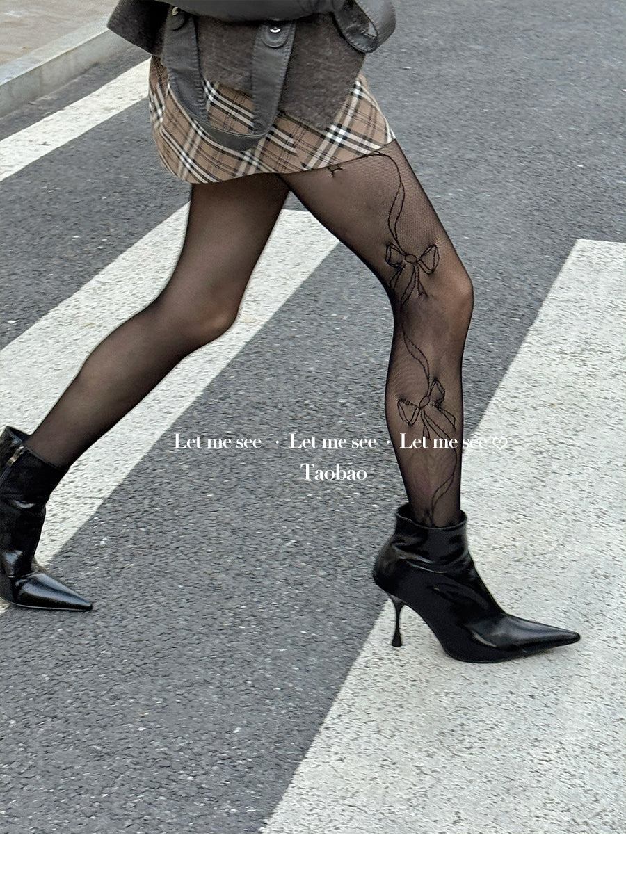 Y2K Lace Bow Mesh Tights - Subculture Pantyhose - LET ME SEE by Land Decora
