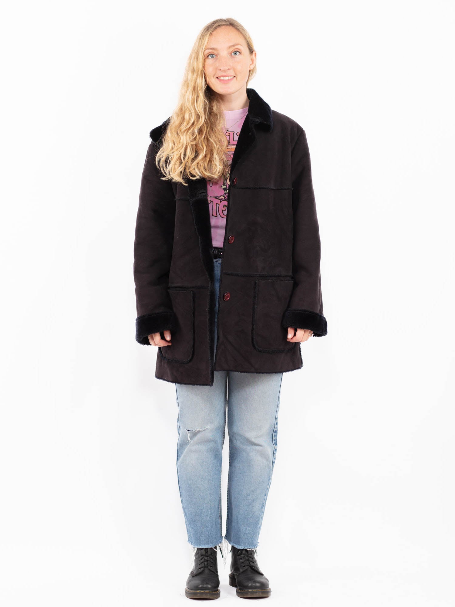 Vintage 90's Women Faux Sheepskin Coat in Black by Northern Grip