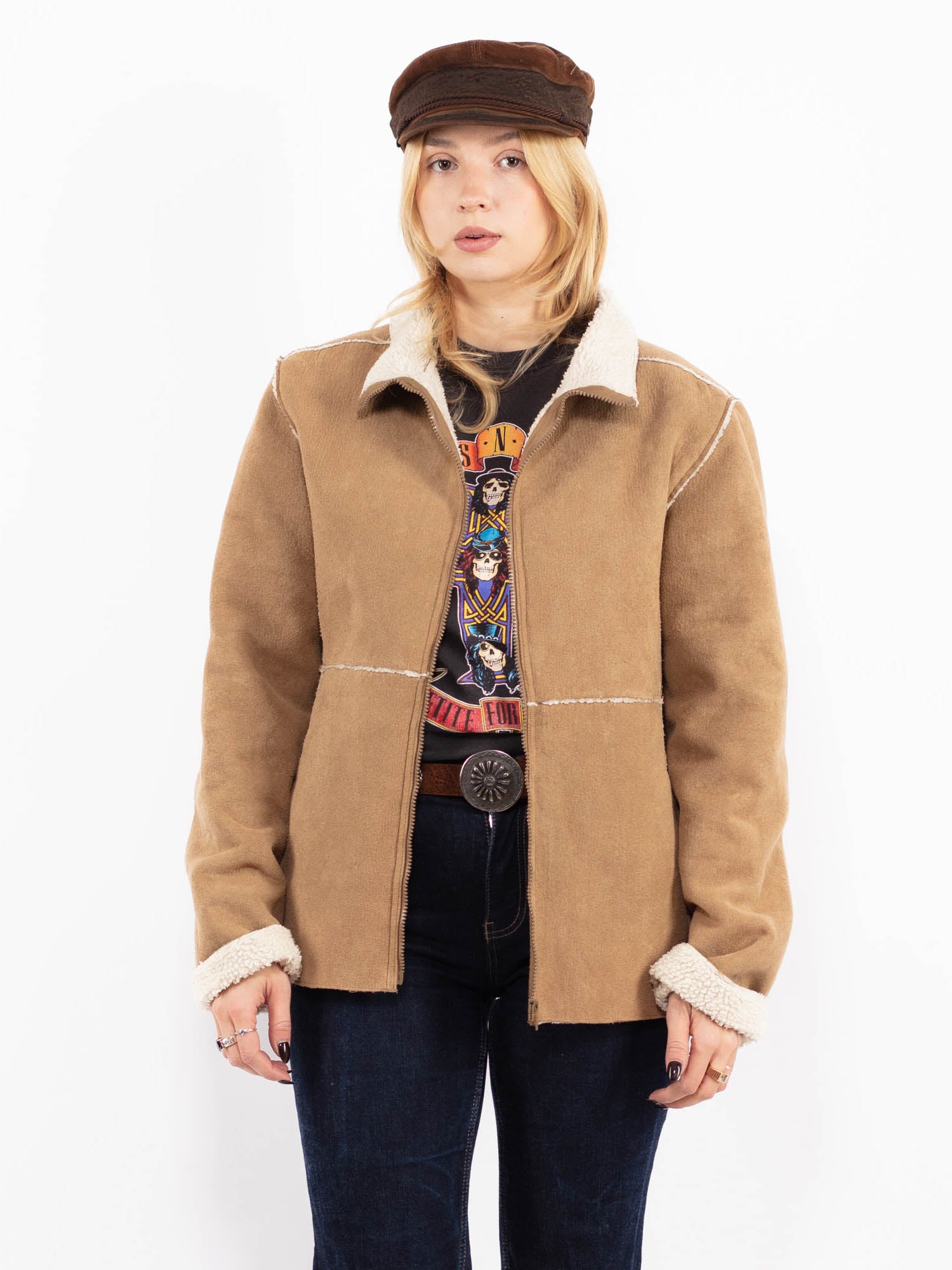 Vintage 90's Women Faux Sheepskin Jacket in Beige by Northern Grip