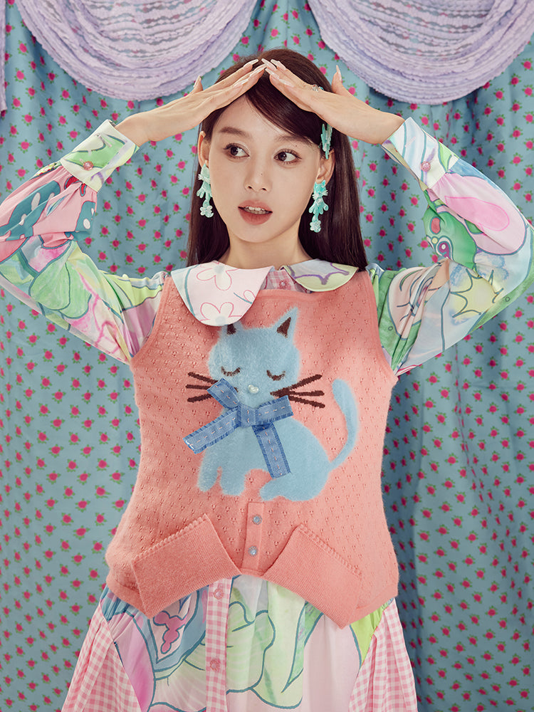 tntntutu Orange Cat Knit Vest | Vintage Sleeveless Sweater | Cute Roun by Land Decora
