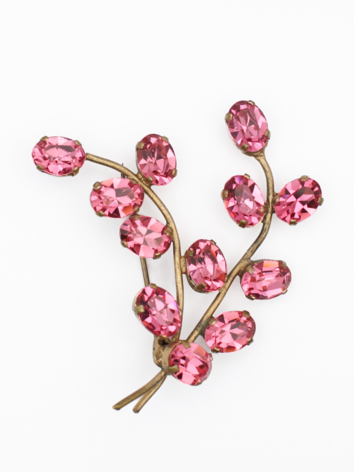 Vintage 30's Pink Crystal Floral Spray Brooch With Safety Chain by Northern Grip