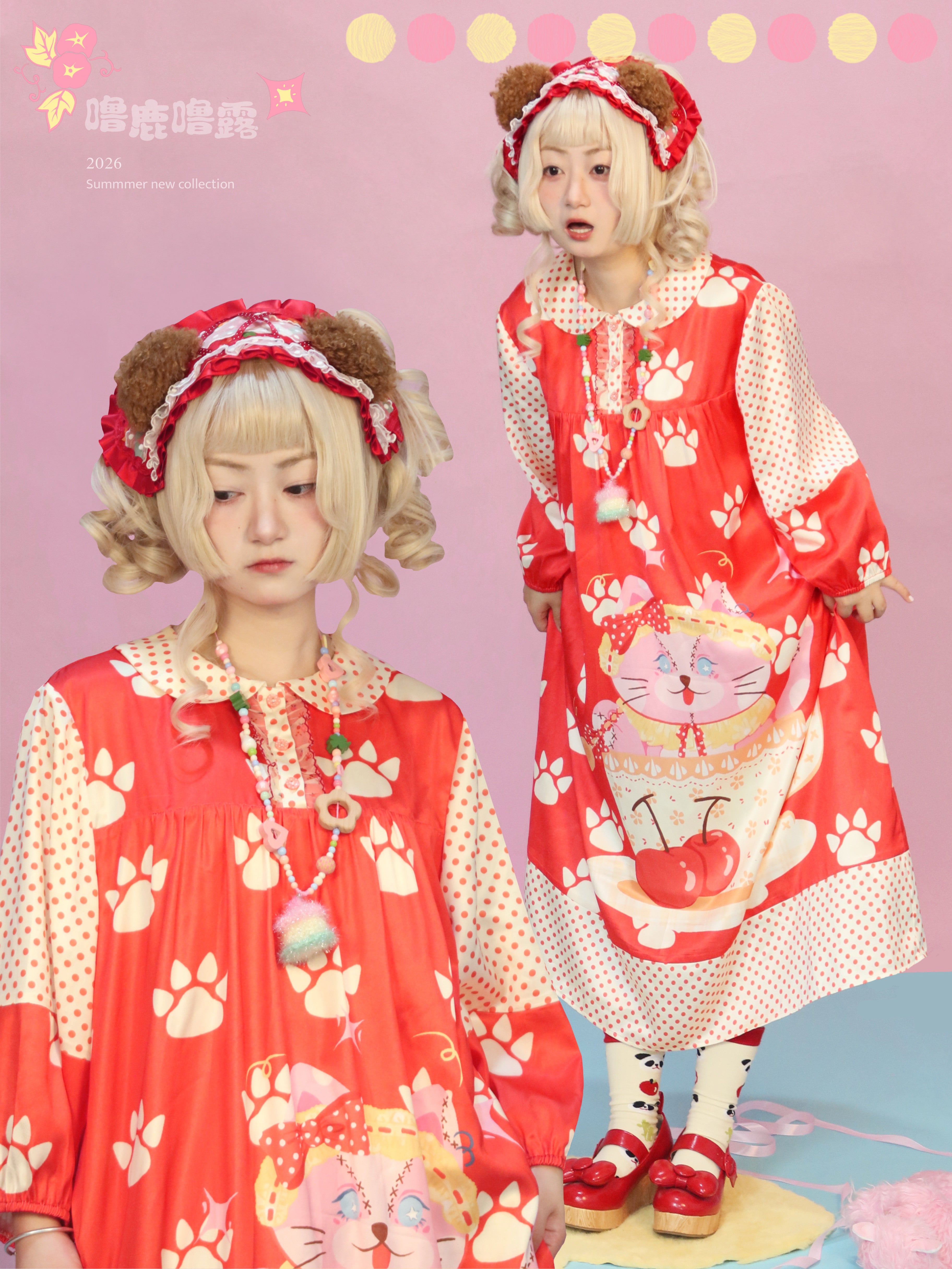 Showa Cat Print Dress - Lulululu by Land Decora