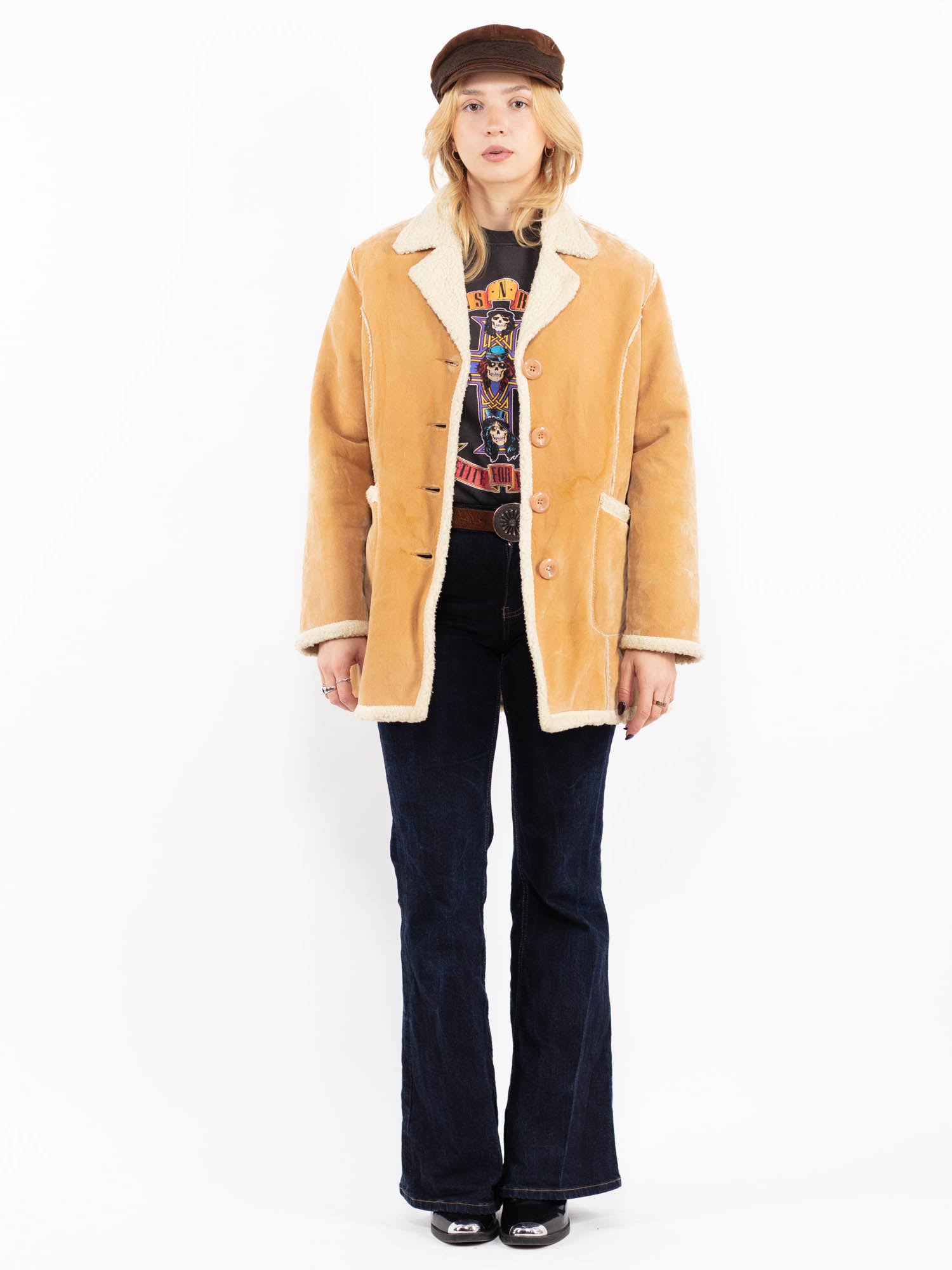 Vintage 90's Women Faux Sheepskin Coat in Light Brown by Northern Grip