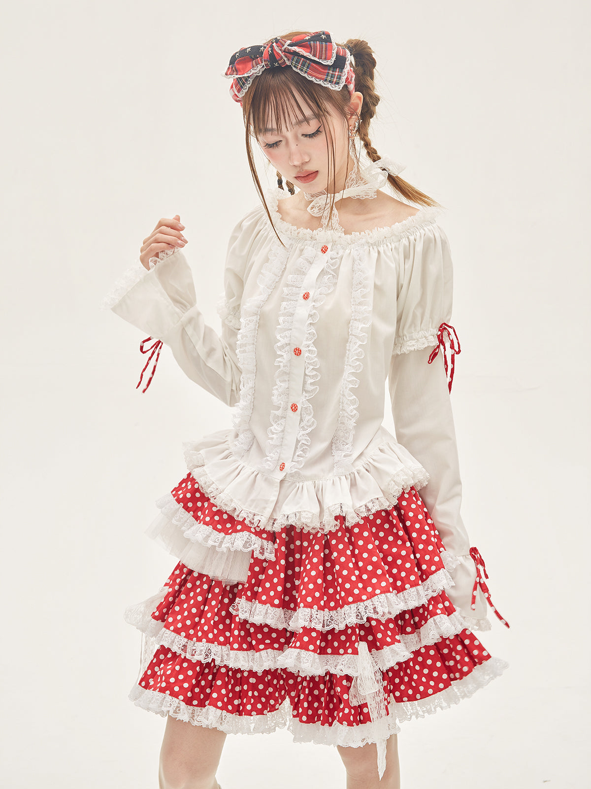 SOS MEME CLUB Showa Retro White Bow Blouse – Cute Vintage Long Sleeve Top by Land Decora