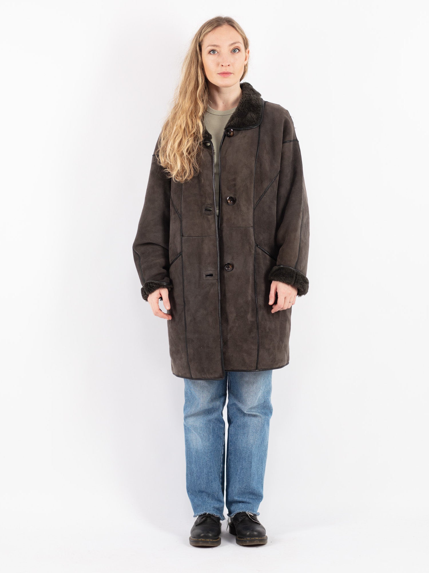 Vintage 80's Women Sheepskin Coat in Gray Brown by Northern Grip