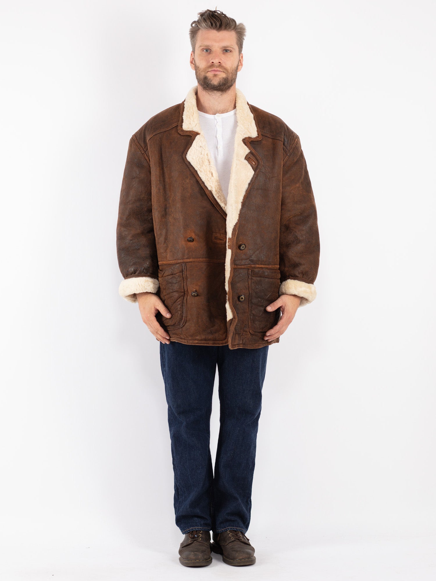Vintage 80's Men Sheepskin Coat in Brown by Northern Grip