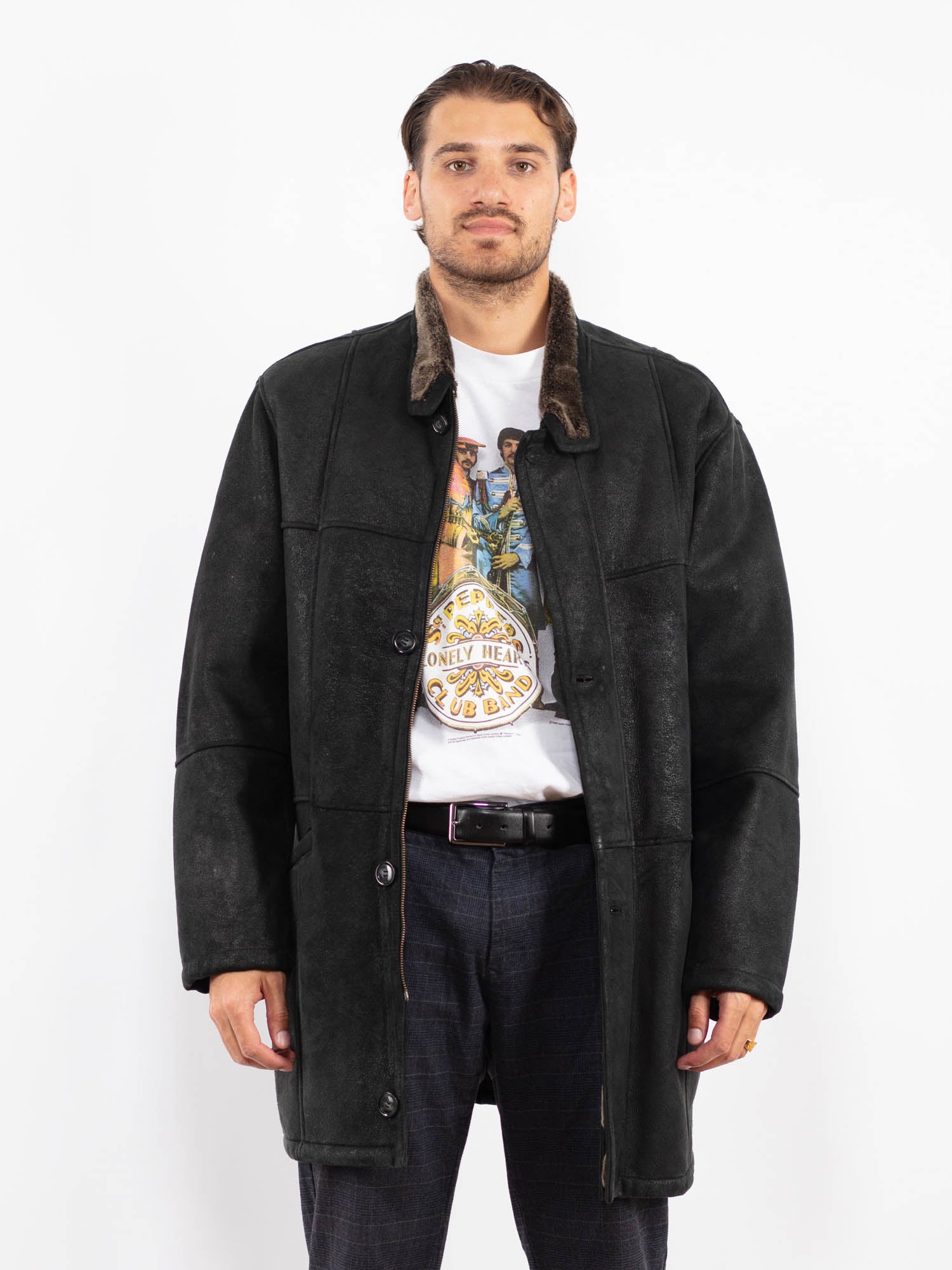 Vintage 90's Men Sheepskin Coat in Black by Northern Grip