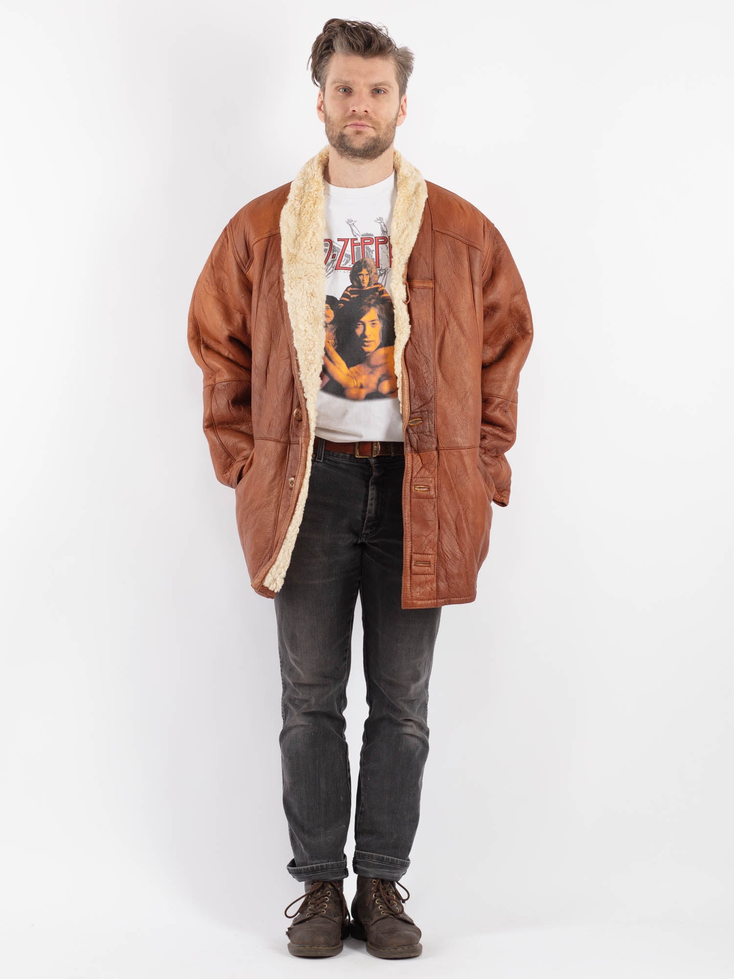 Vintage 80's Men Sheepskin Shearling Coat in Brown by Northern Grip