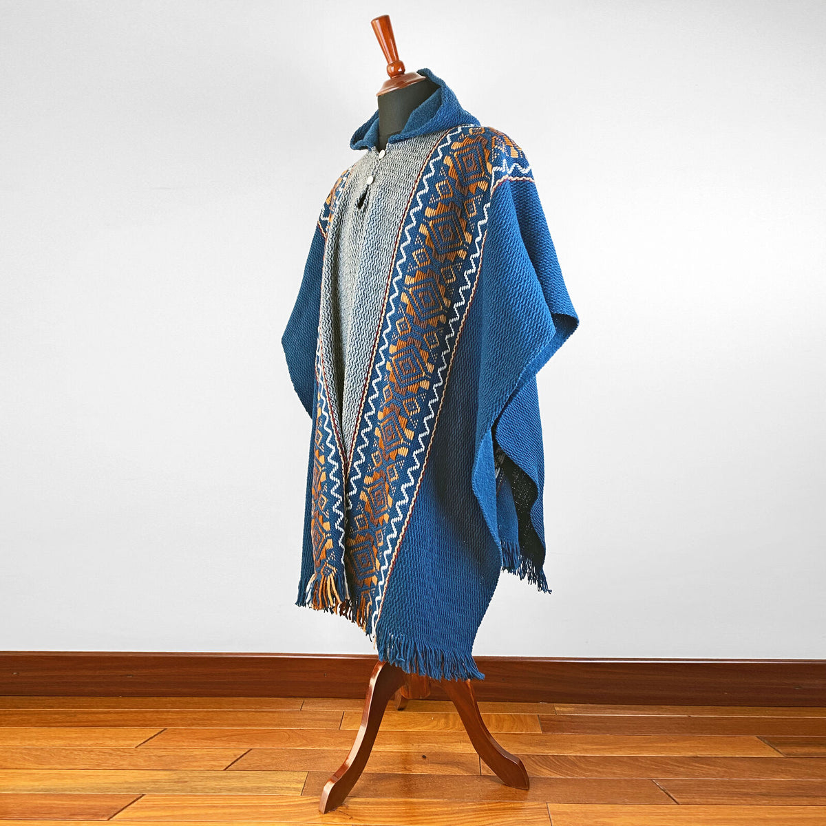 Llama Wool Unisex South American Handwoven Hooded Poncho - solid blue/ by ECUALAMA
