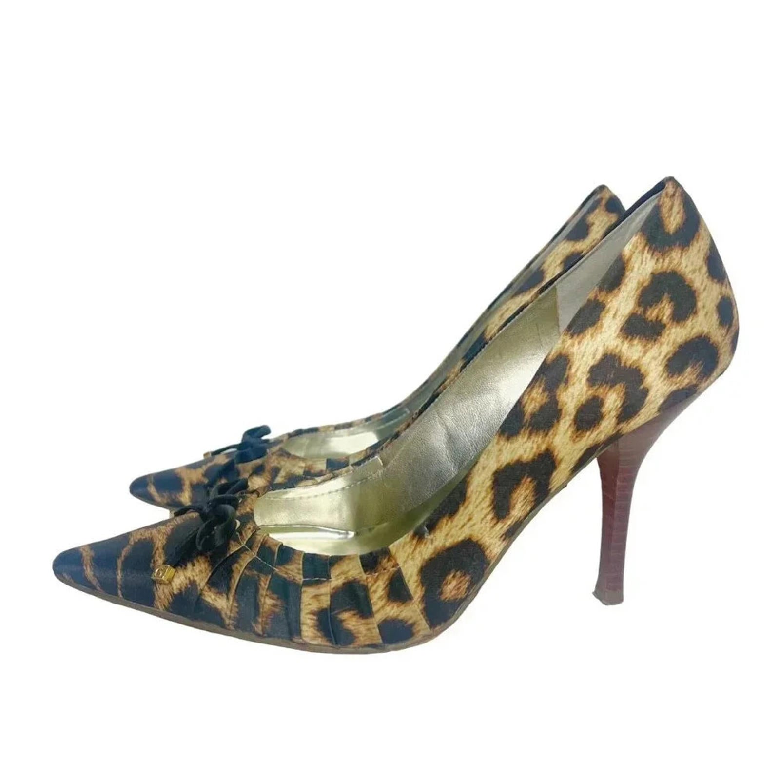 Guess Leopard Print Satin Pumps Black Bows Pointed Toe Heels Women's S by Hot Girl Secondhand
