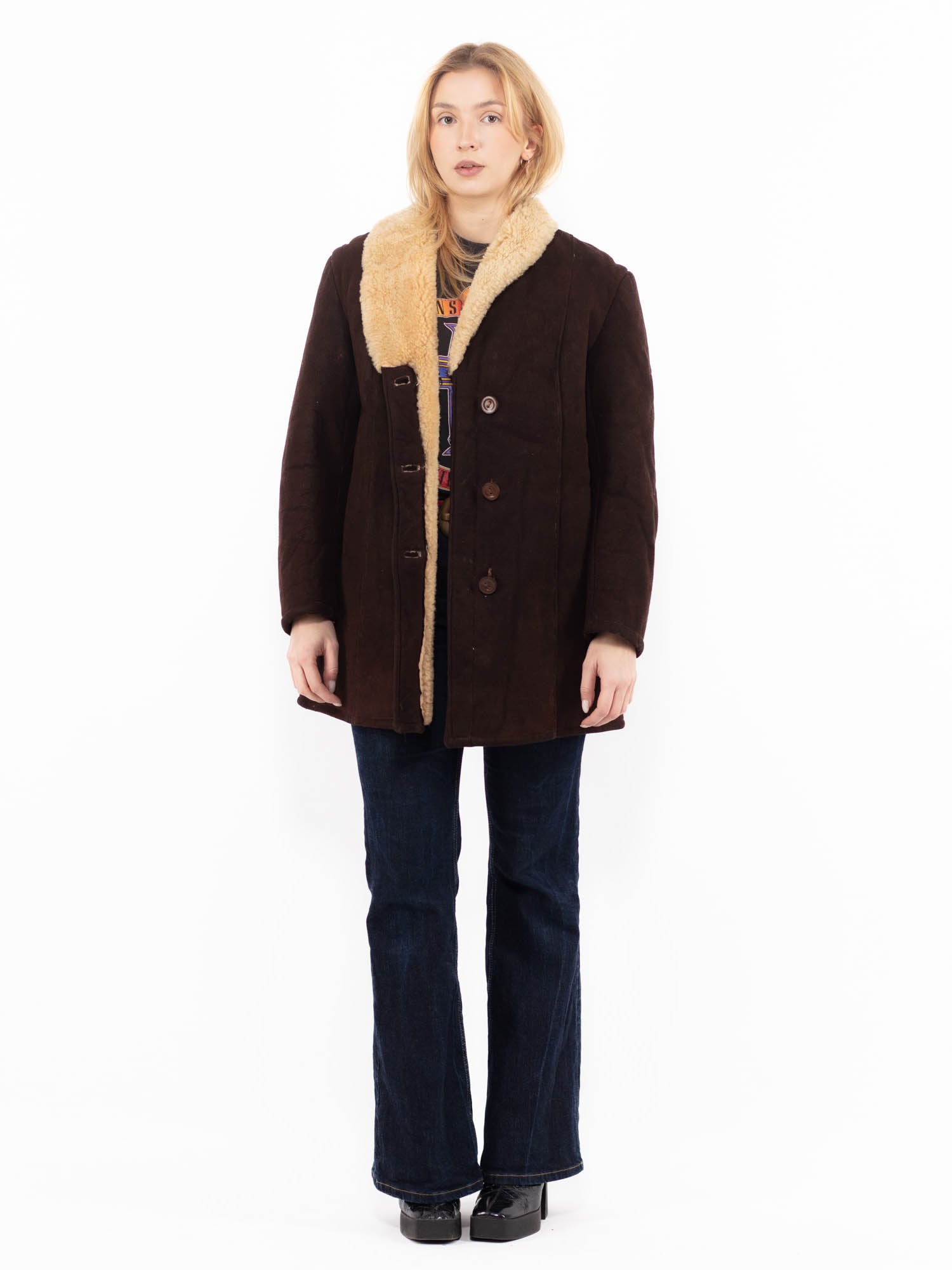 Vintage 70's Women Sheepskin Coat in Brown by Northern Grip