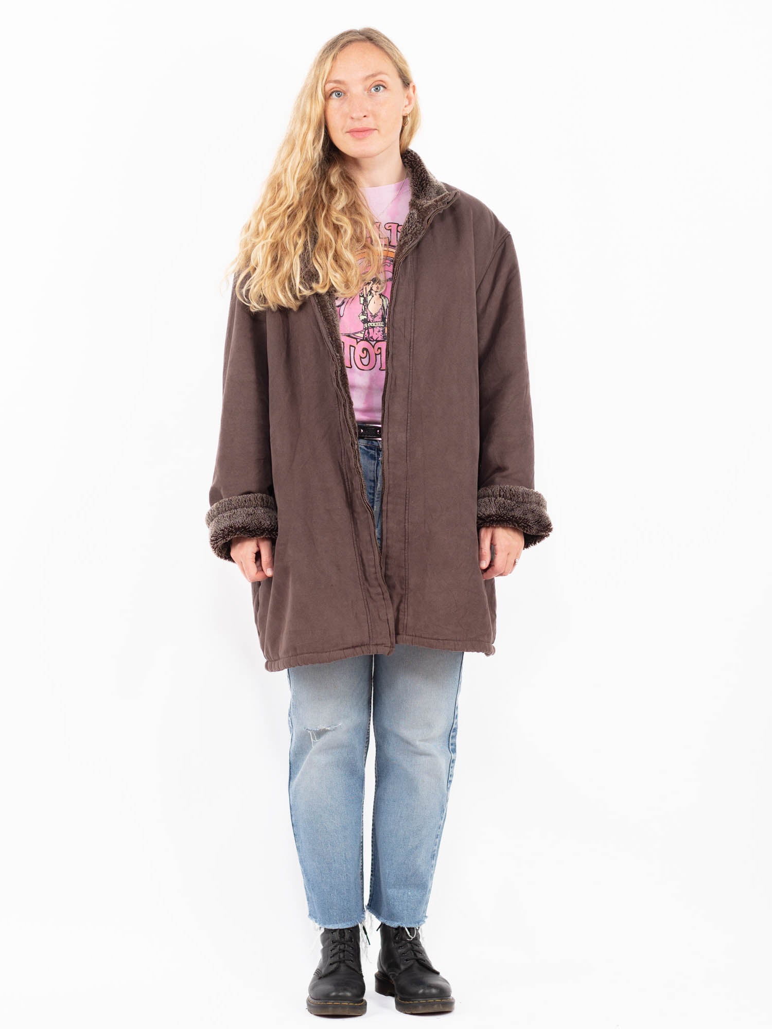 Vintage 90's Women Faux Sheepskin Coat in Brown by Northern Grip