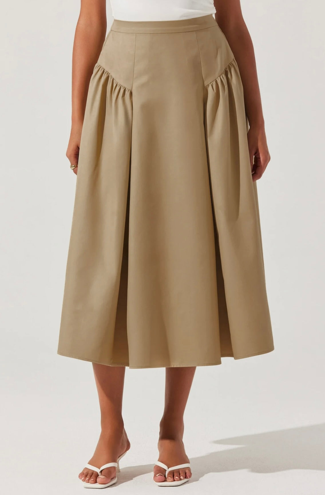 Laila Ruched Detail Midi Skirt in Khaki by Sierra Deene