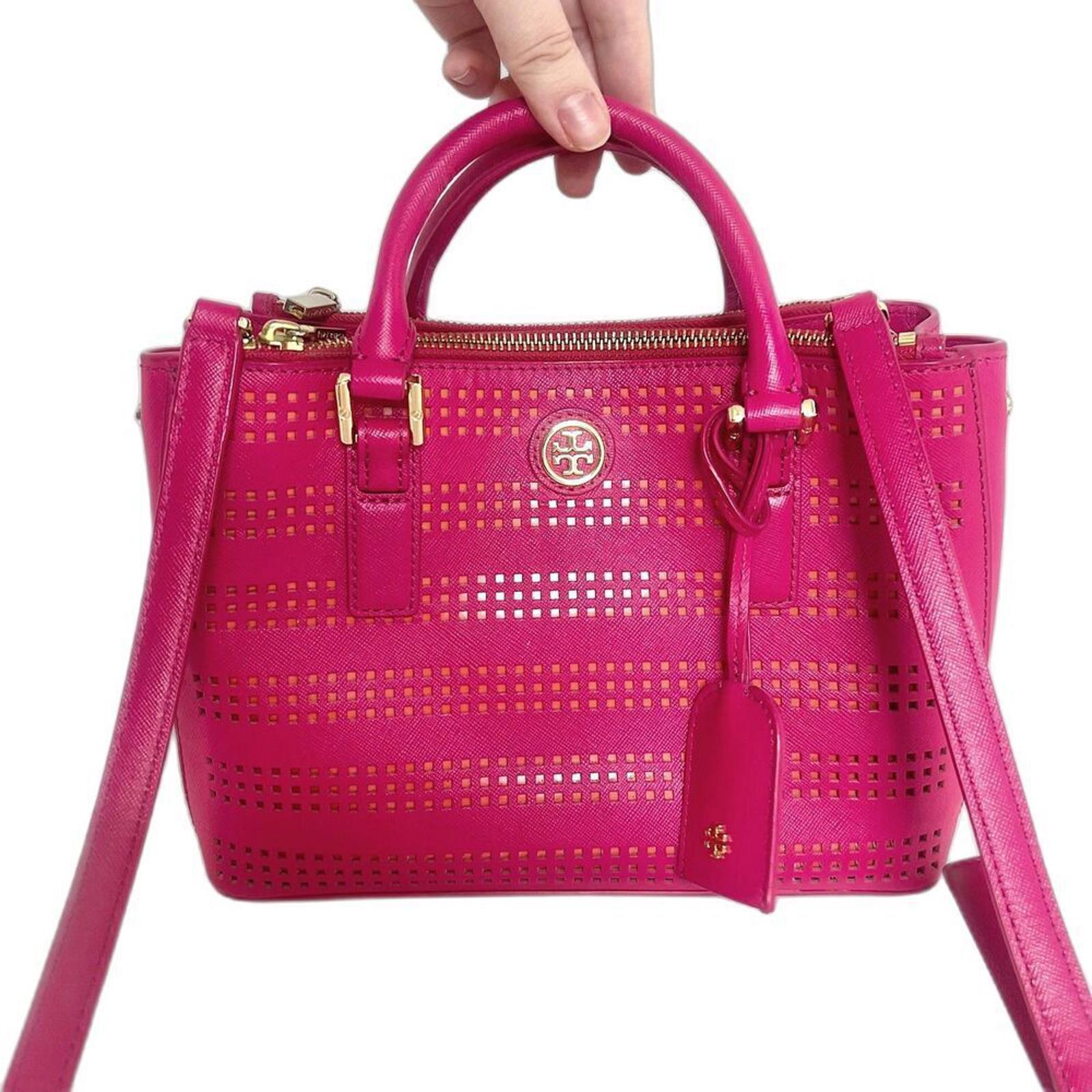 Tory Burch Robinson Fuchsia Double Zip Perforated Handbag Pink Leather by Hot Girl Secondhand