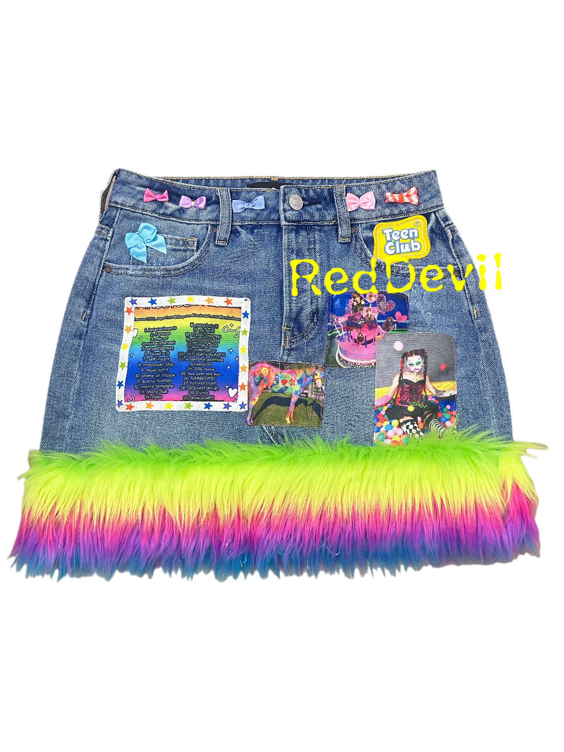 Decora Kei Rainbow Denim Skirt Colorful Bow Handmade - RedDevil by Land Decora