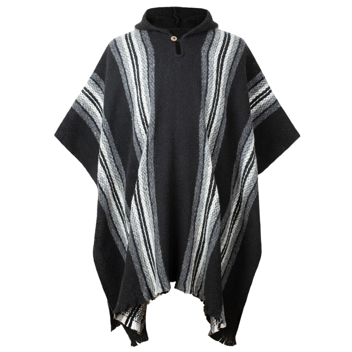 Llama Wool Unisex South American Handwoven Hooded Poncho - black striped by ECUALAMA