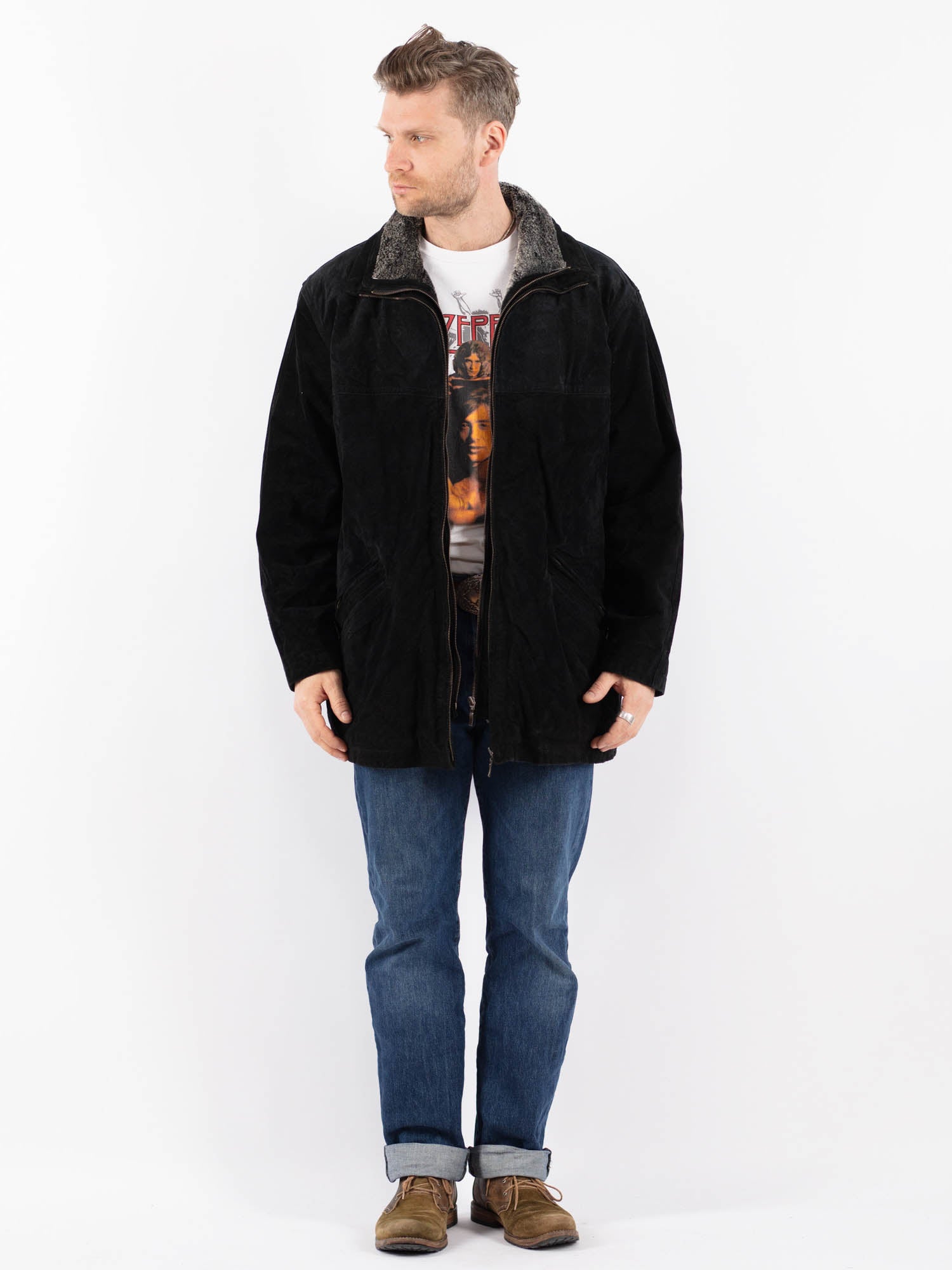 Vintage 90's Men Suede Sherpa Coat in Black by Northern Grip