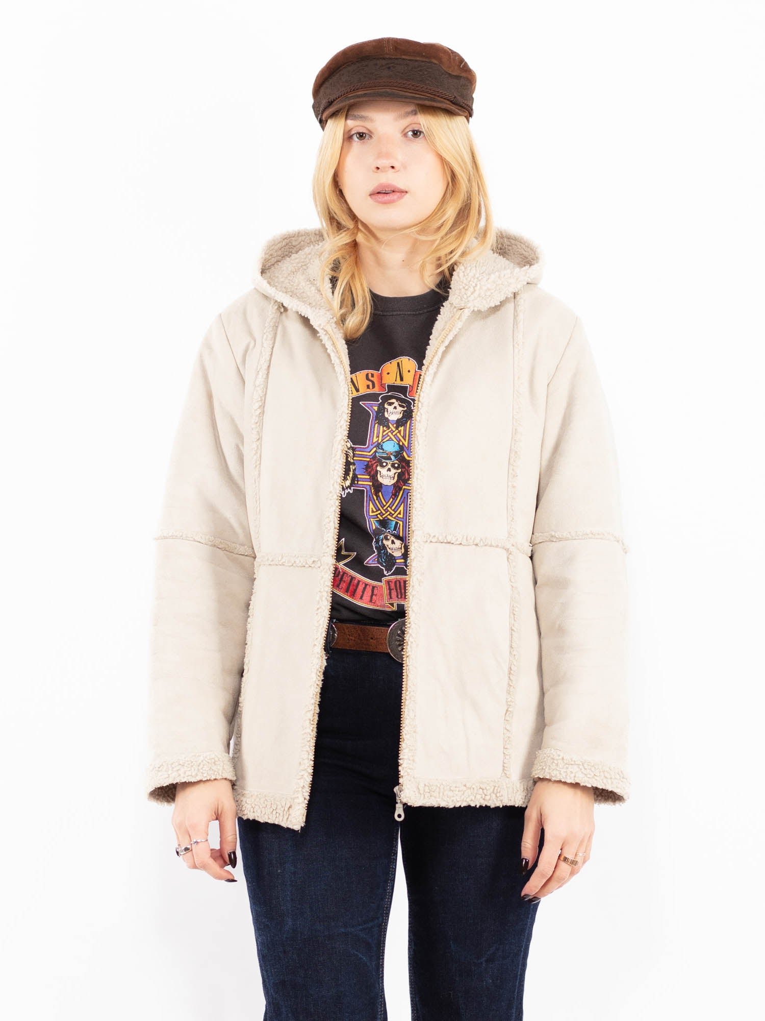 Vintage 90's Women Hooded Sherpa Jacket in Beige by Northern Grip