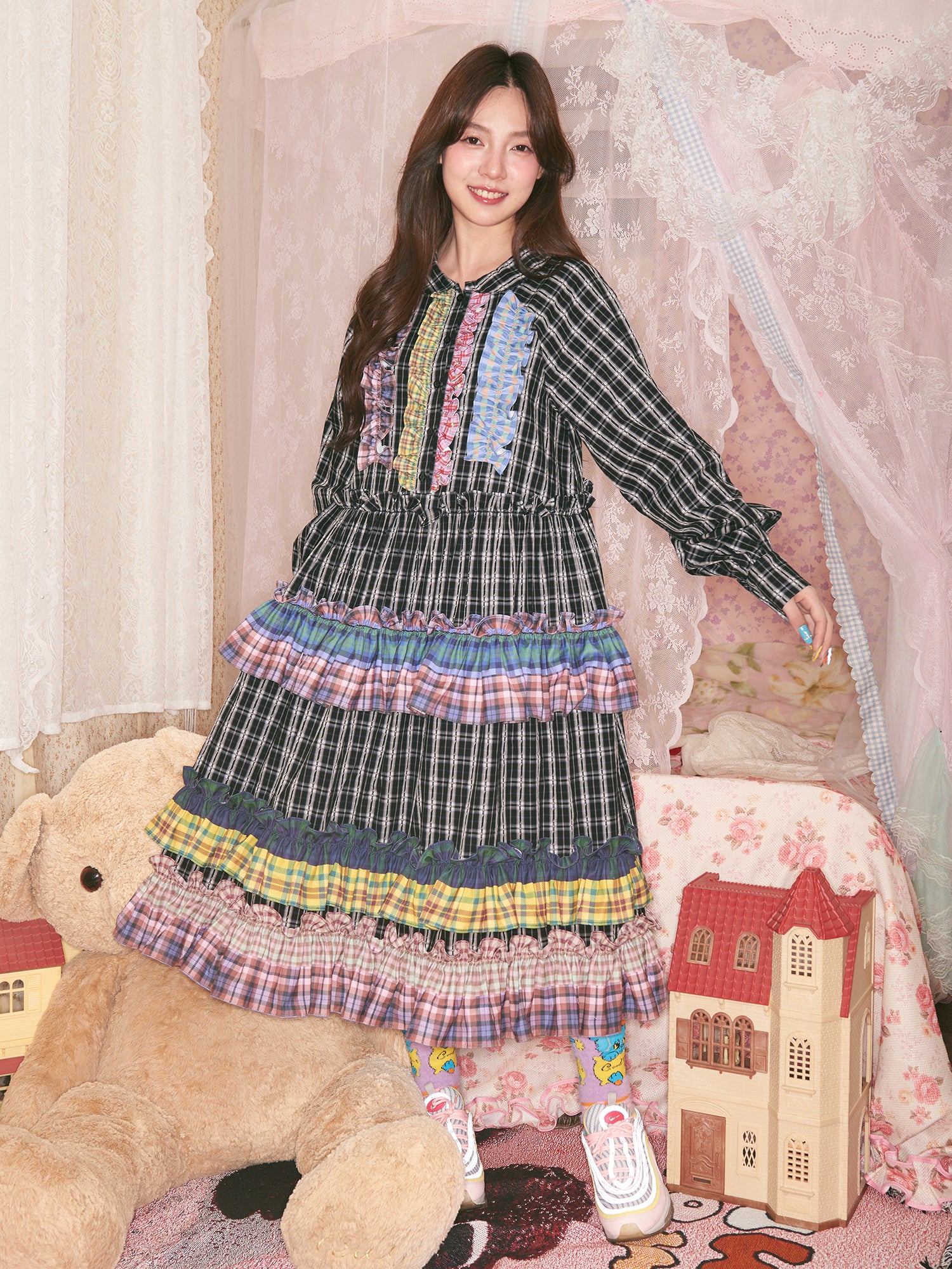 Dopamine Colorblock Plaid Dress - Kawaii Ruffle Wave Hem Midi Dress - tntntutu by Land Decora