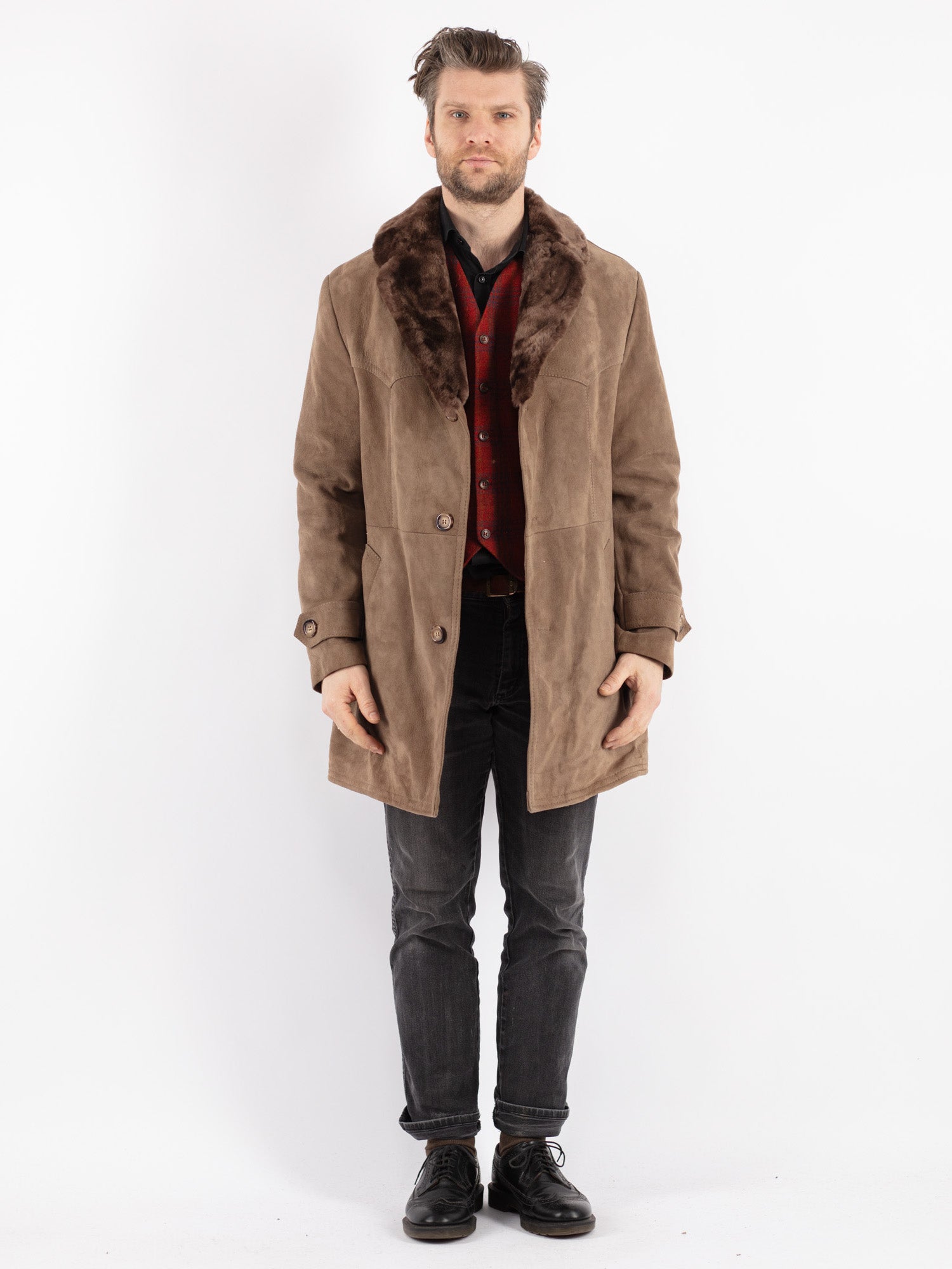 Vintage 70's Men Suede Sherpa Coat in Beige by Northern Grip