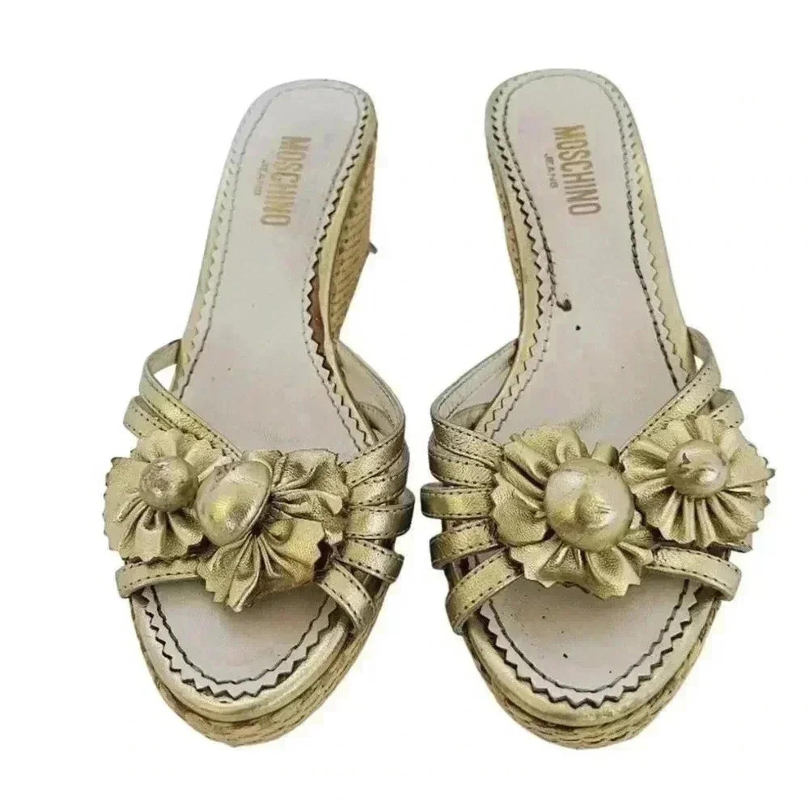 Moschino Gold Flower Platform Wedge Sandals Wicker Women's Size 7 by Hot Girl Secondhand