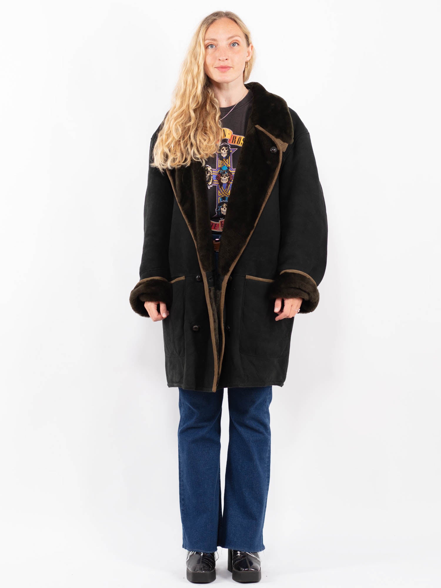 Vintage 90's Women Sheepskin Coat in Black by Northern Grip