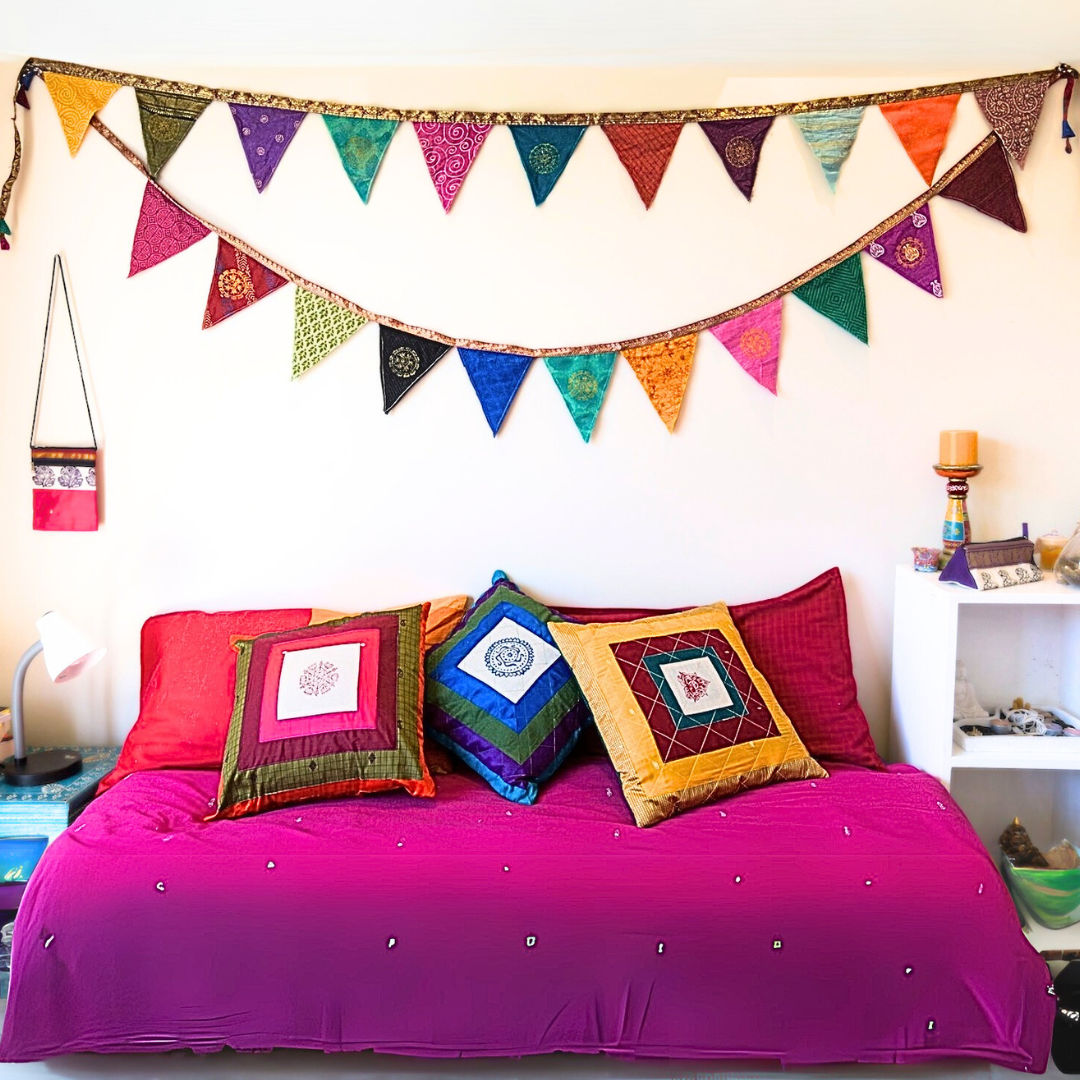Upcycled sari flags, reusable sari bunting by Shakti.ism