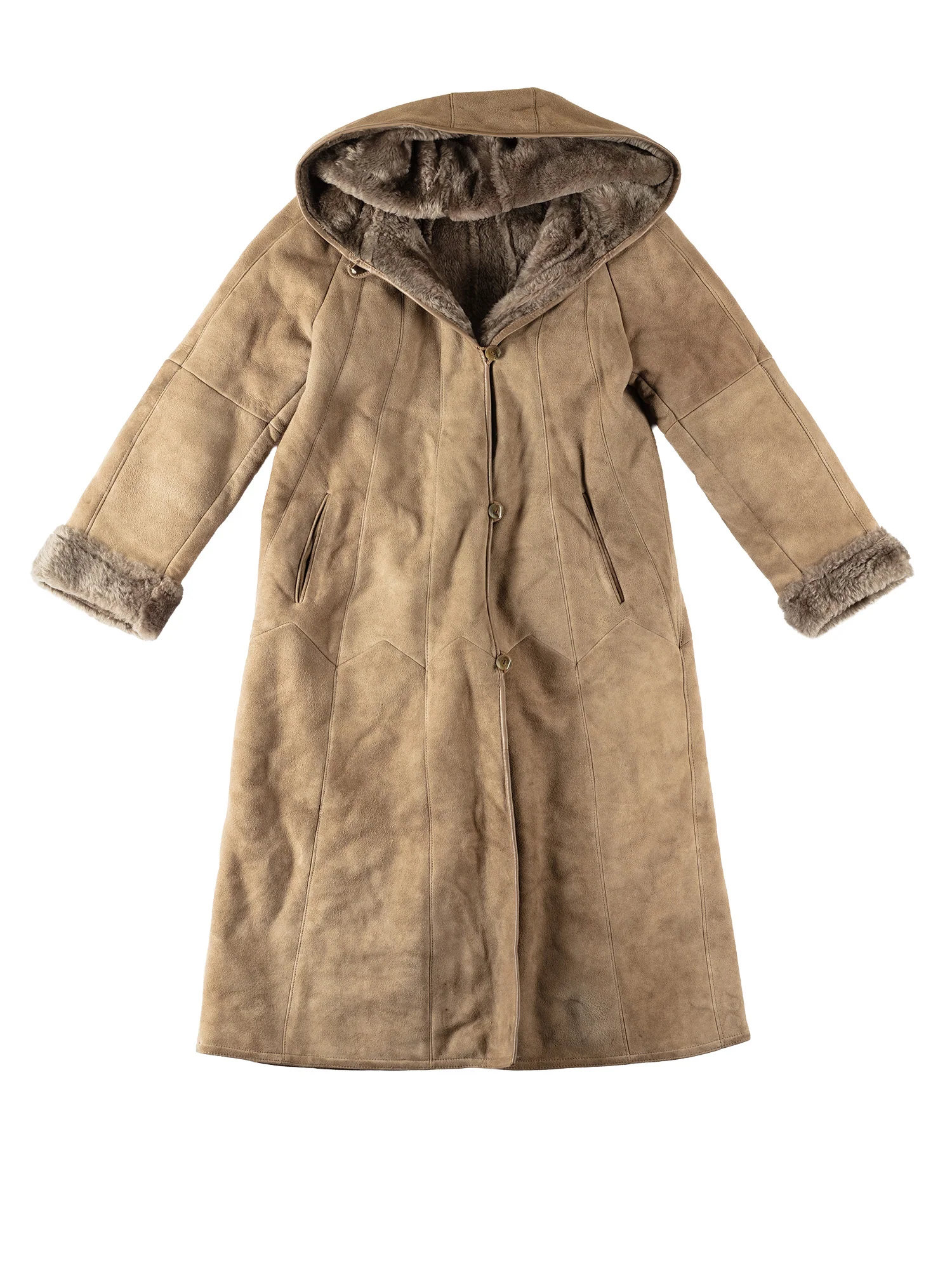 Vintage 80's Women Hooded Sheepskin Maxi Coat in Beige by Northern Grip