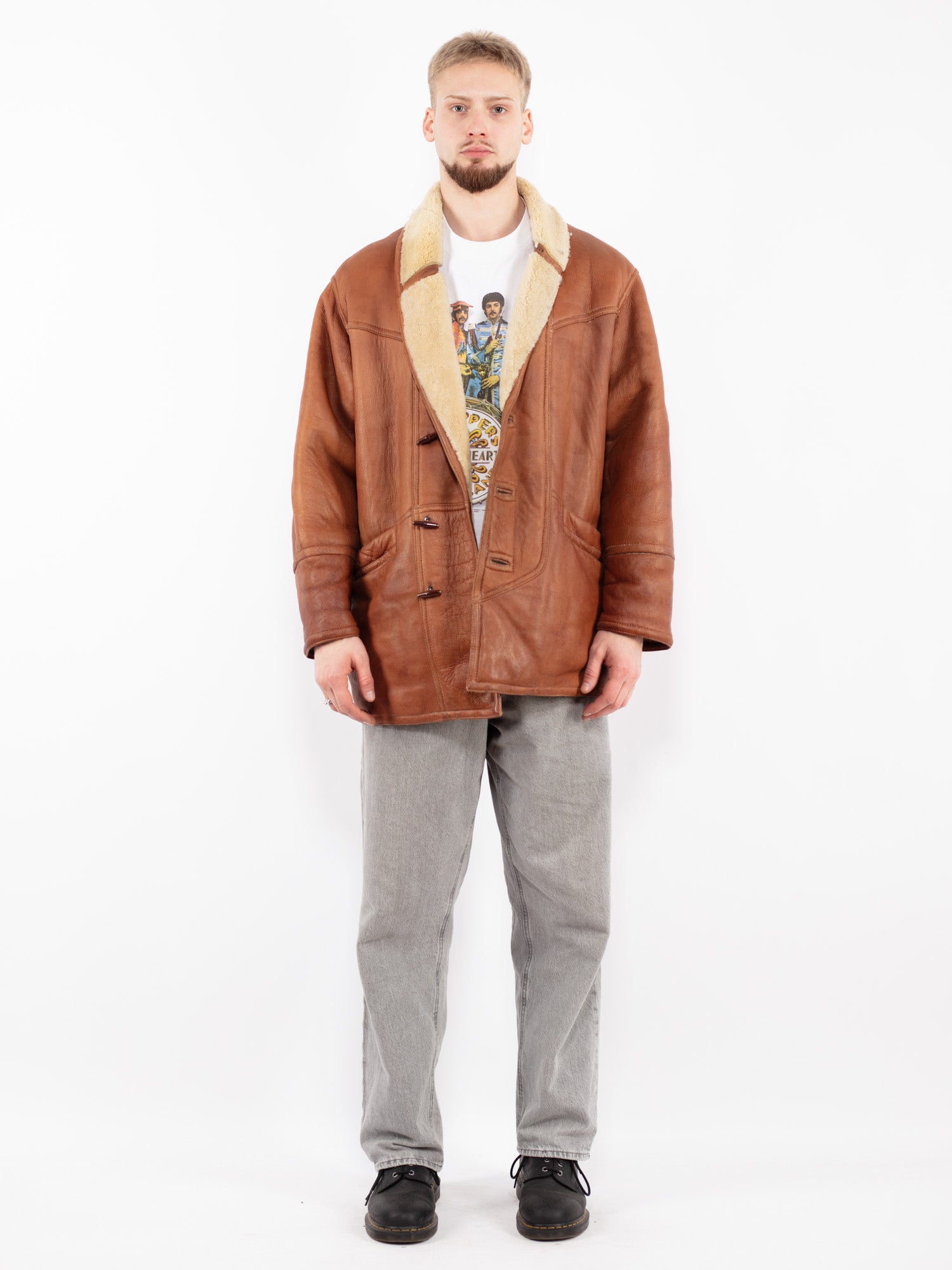 Vintage 80's Men Sheepskin Shearling Coat in Brown by Northern Grip