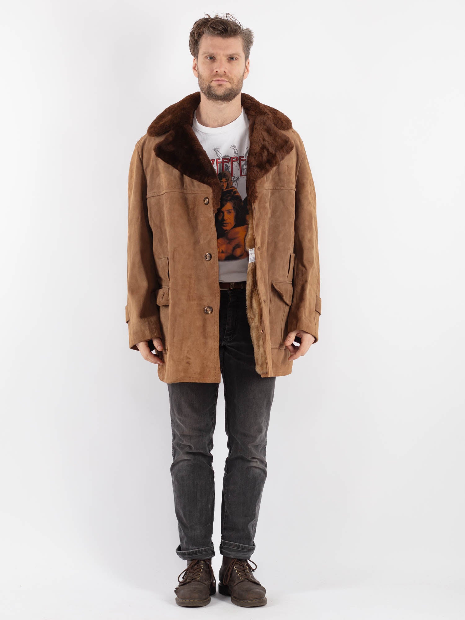 Vintage 70's Men Suede Sherpa Coat in Beige by Northern Grip